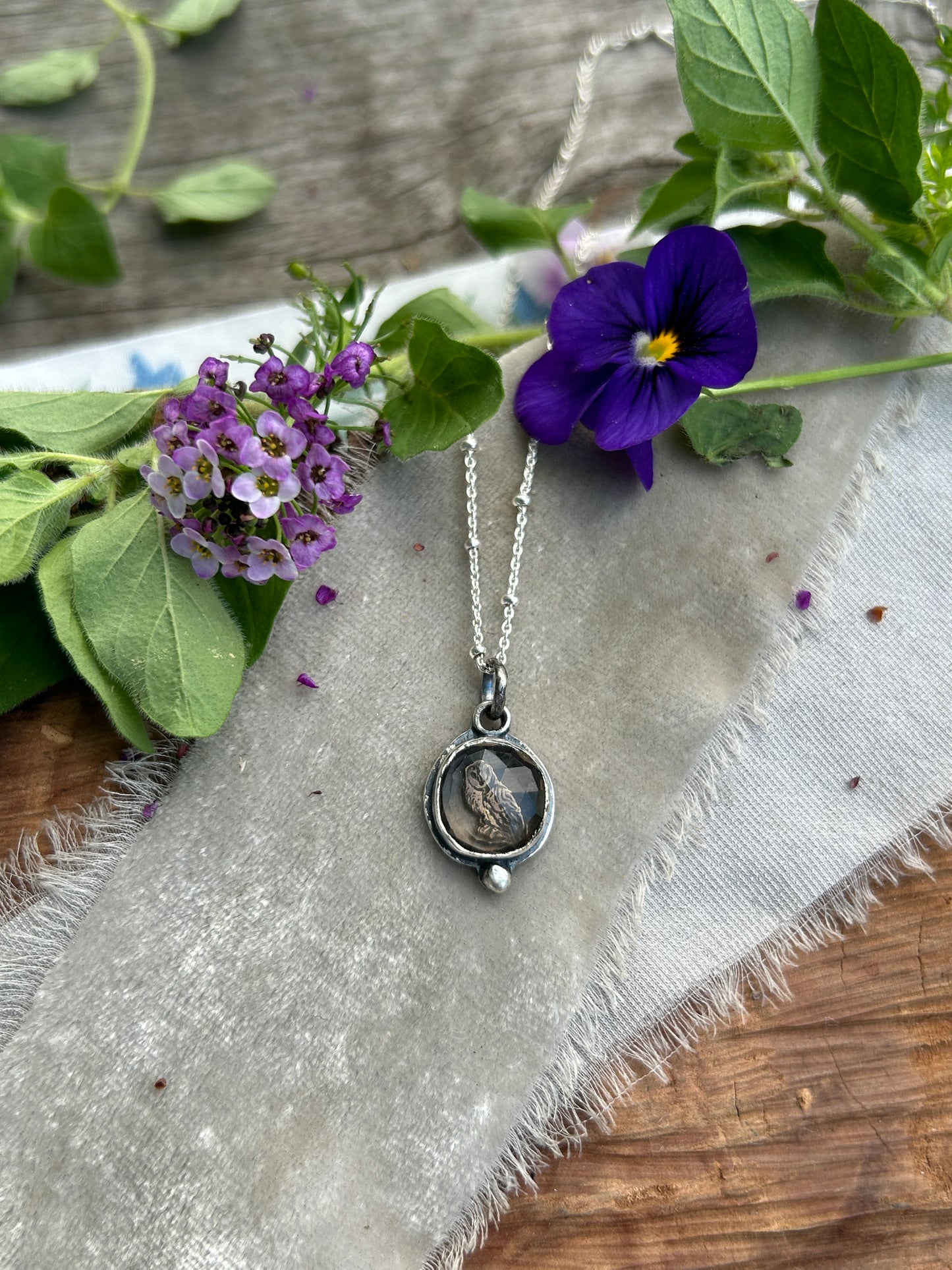 Smoky quartz barn owl necklace- Sterling silver jewelry