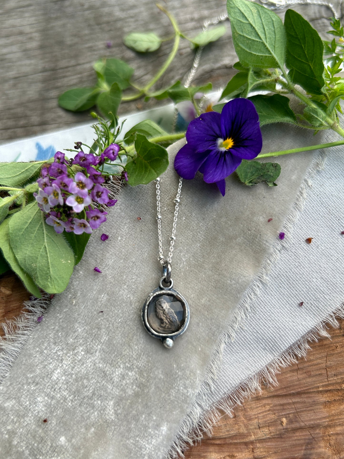 Smoky quartz barn owl necklace- Sterling silver jewelry
