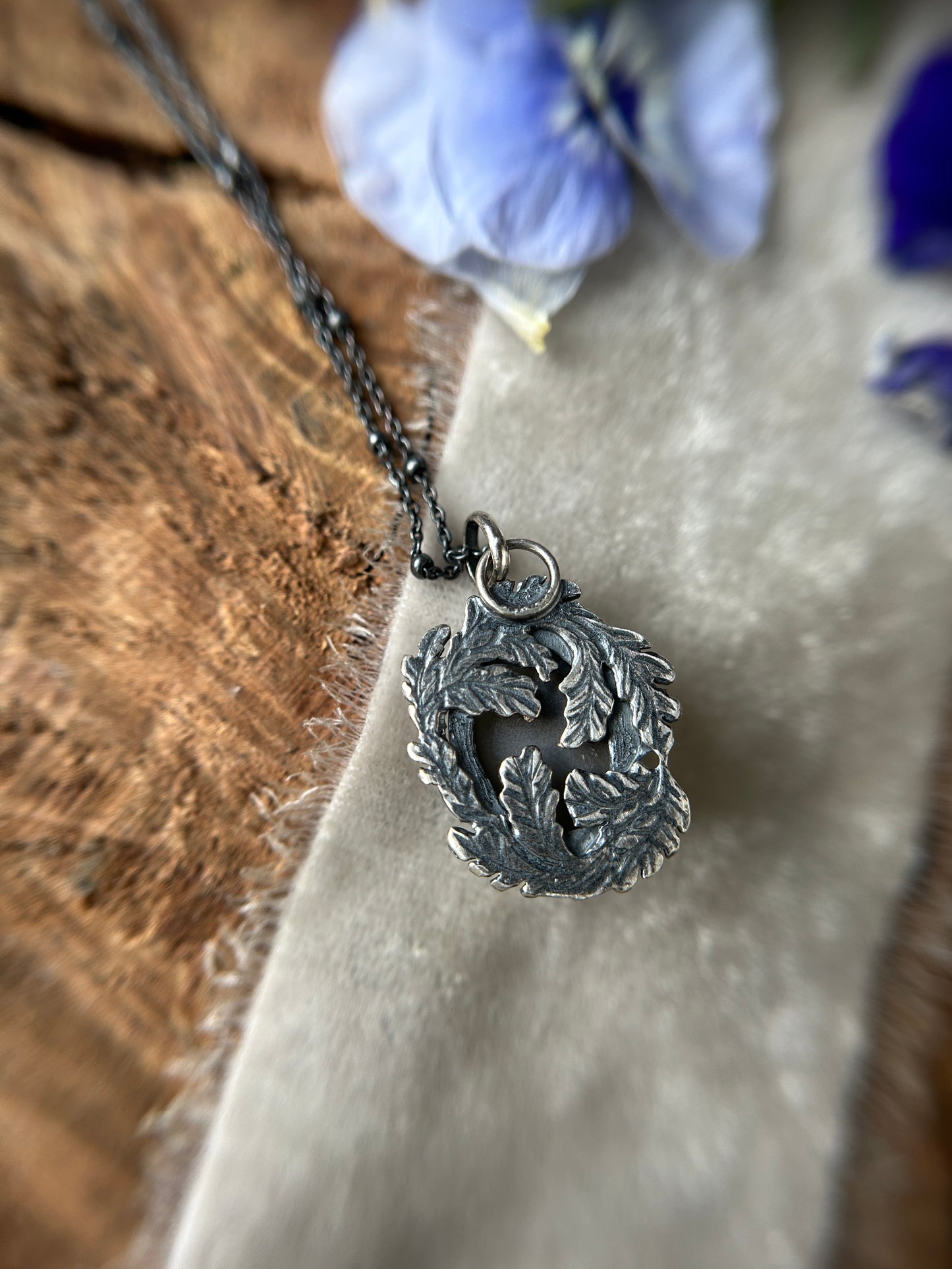 Grey Moonstone Forest Scrying Mirror Necklace- sterling silver