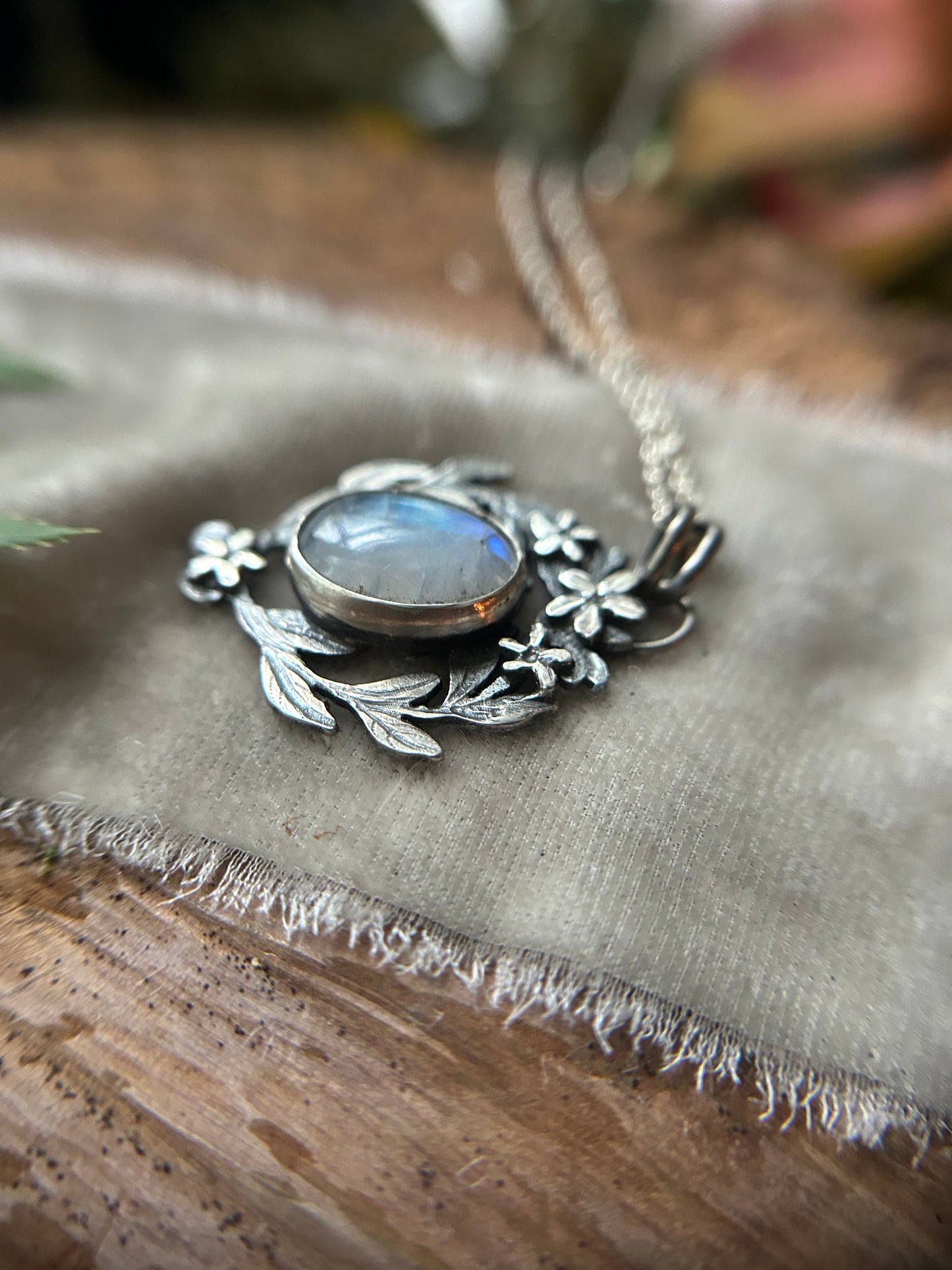 Rainbow moonstone with star jasmine and Luna moth necklace- sterling silver jewelry
