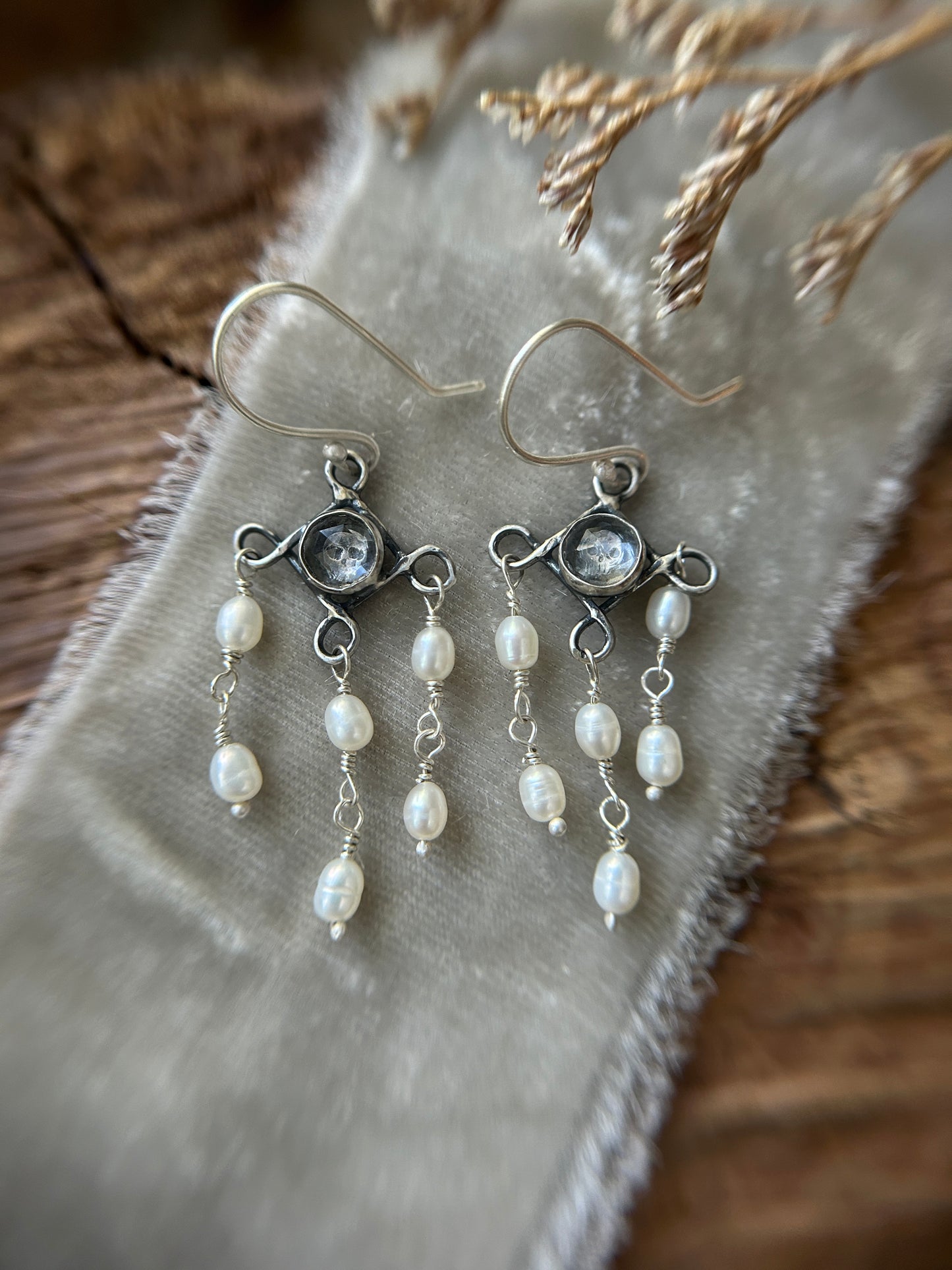 Skull Chandelier Earrings with black or white pearls- sterling silver memento mori jewelry
