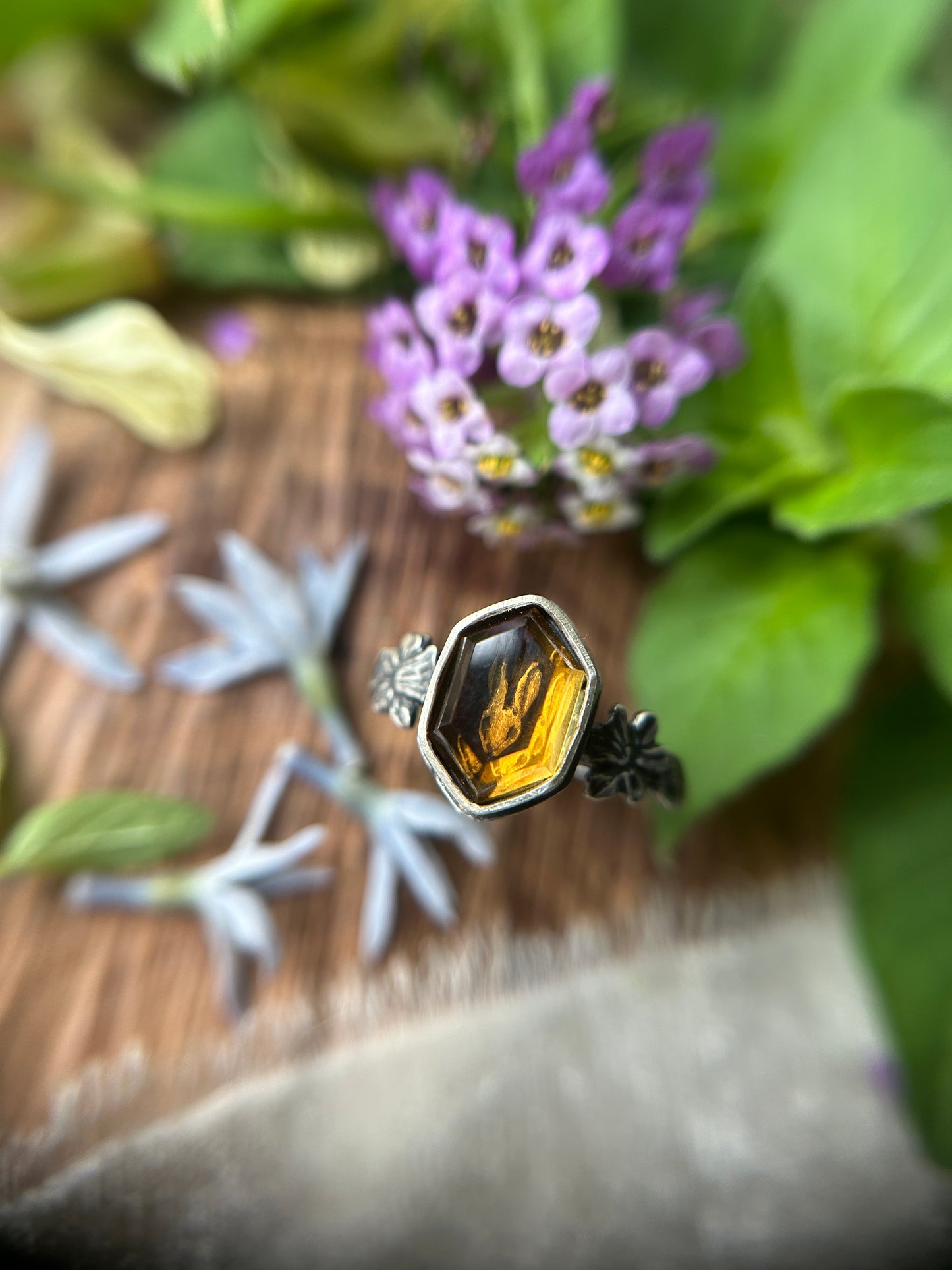 Rabbit and Daffodil citrine hexagon ring- sterling silver jewelry