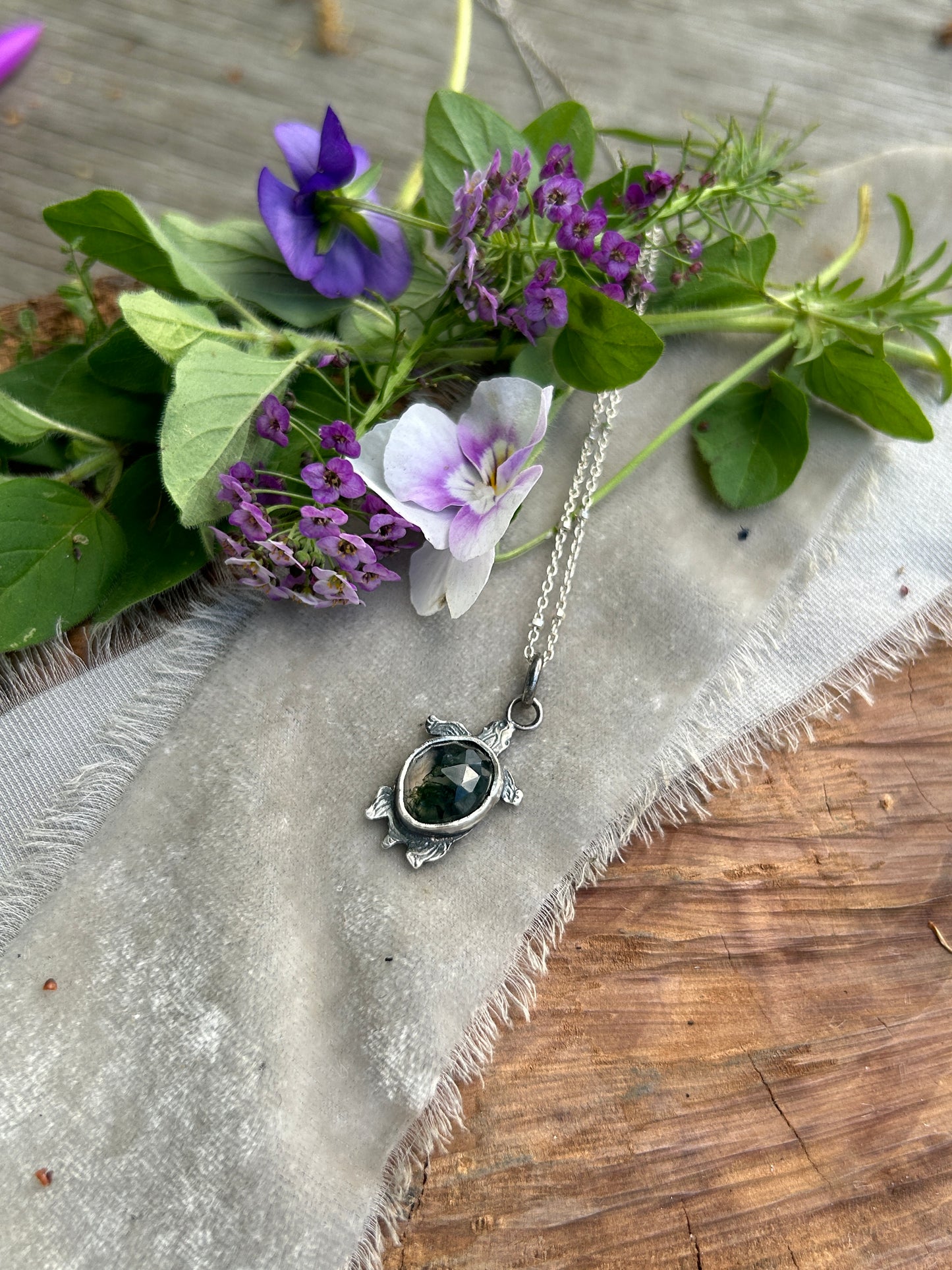 Swamp Turtle Necklace in moss agate- sterling silver