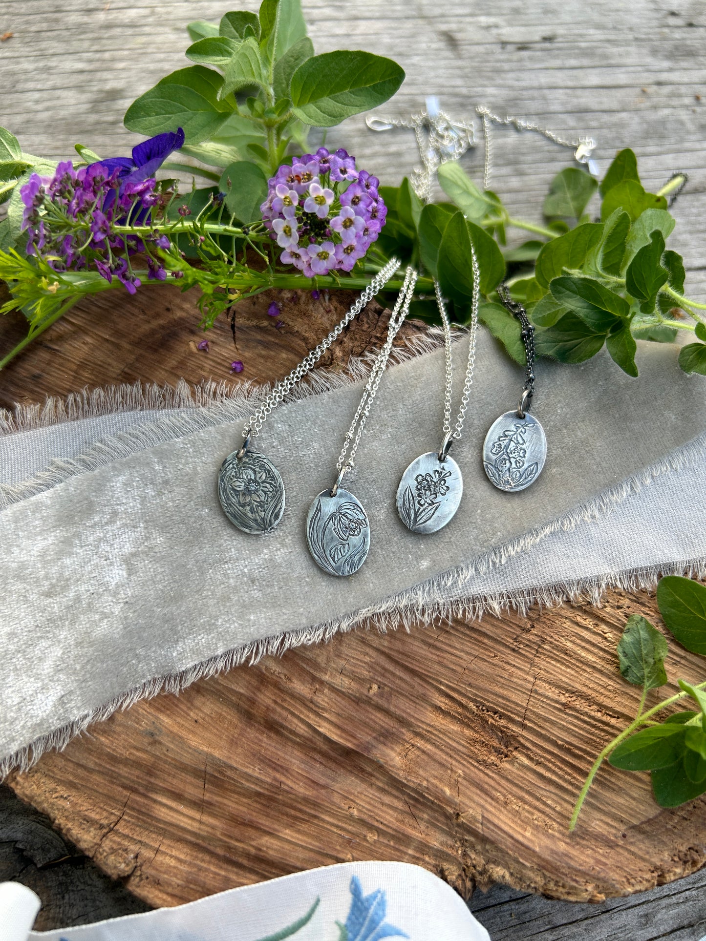 Engraved plant pendant with white sapphire necklace- sterling silver jewelry