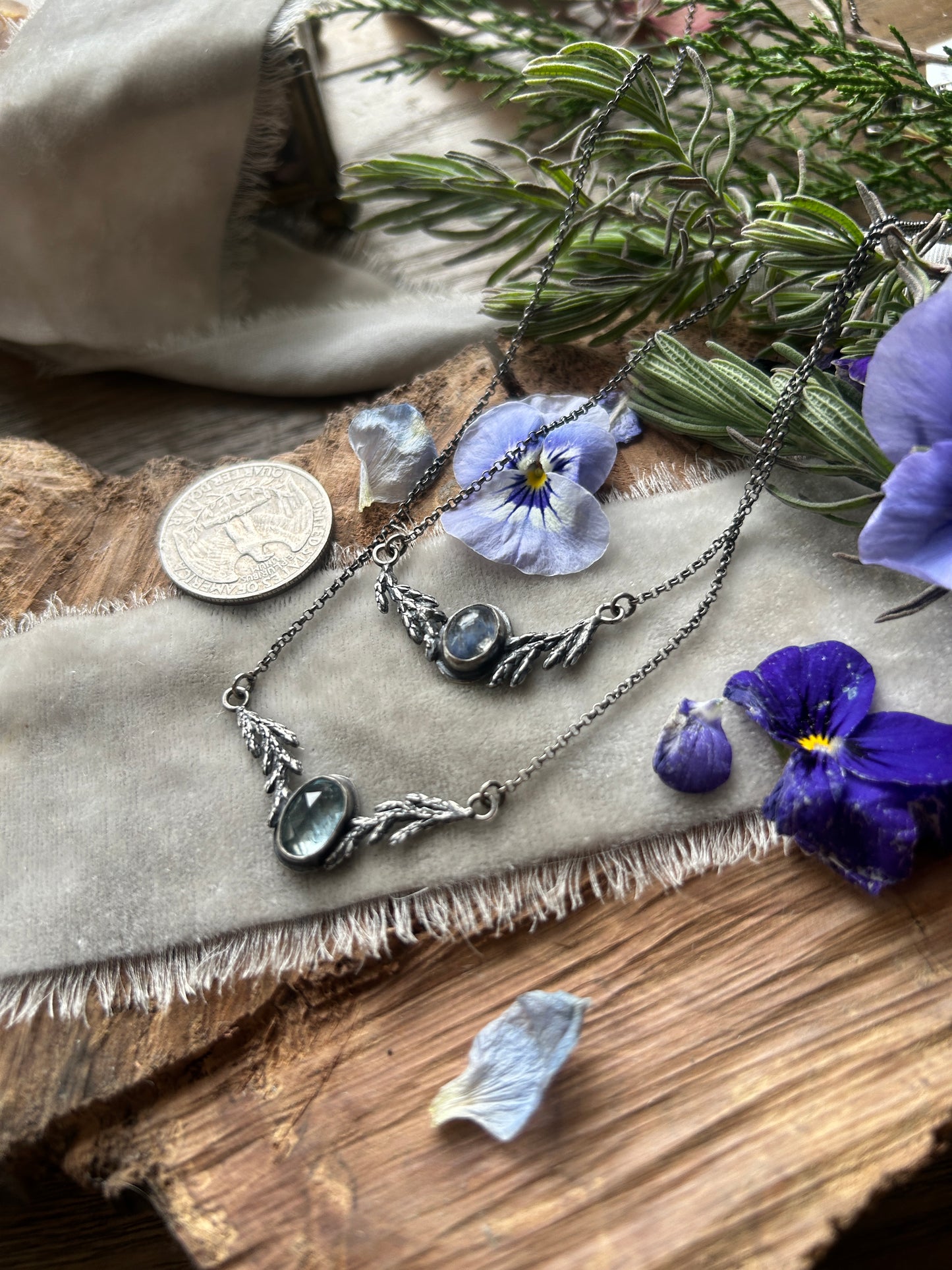 Juniper Sprig Necklace in choice of dumortierite in quartz or aquamarine- sterling silver jewelry