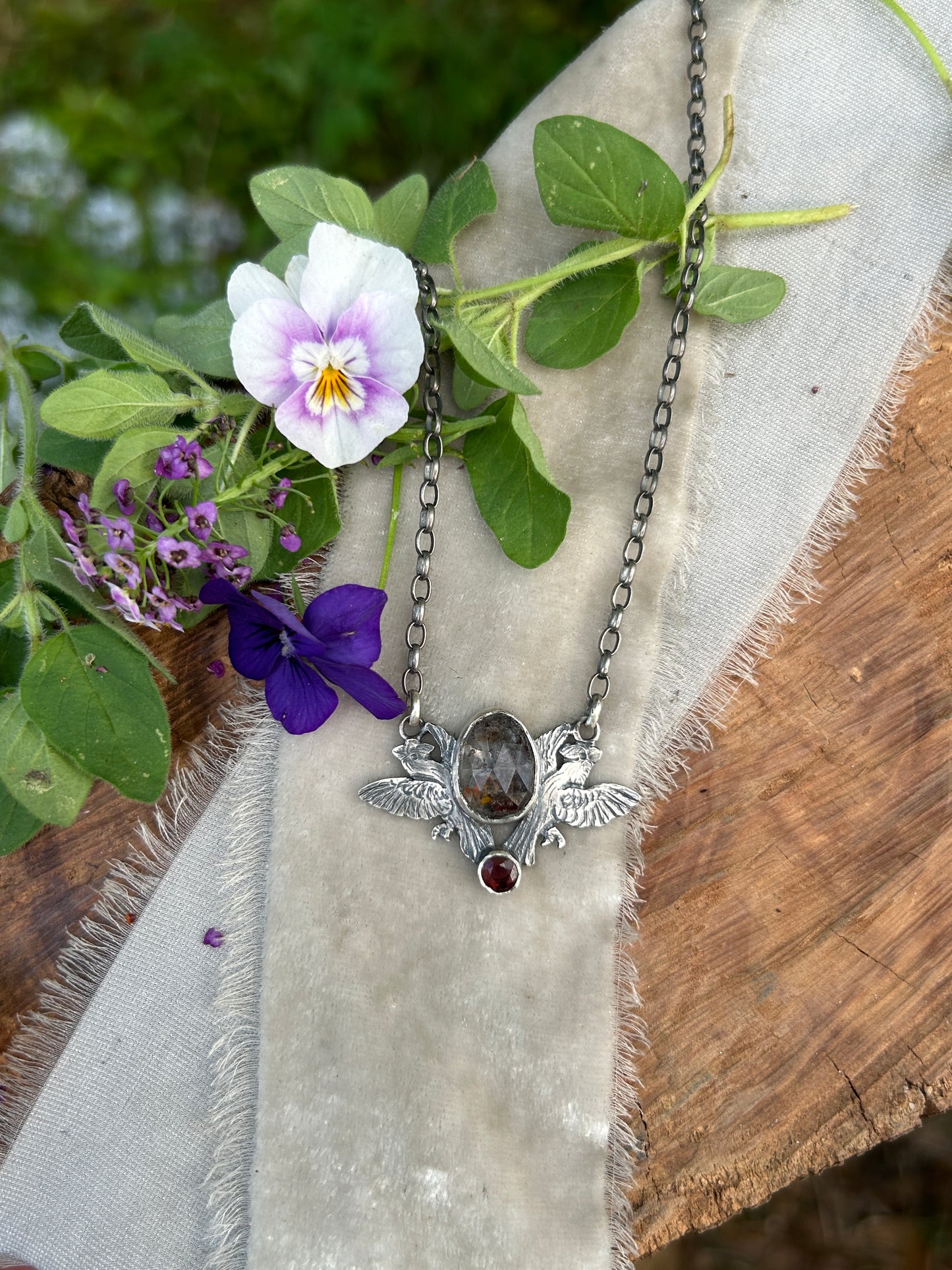 Cardinals with garden quartz and garnet necklace- sterling silver jewelry