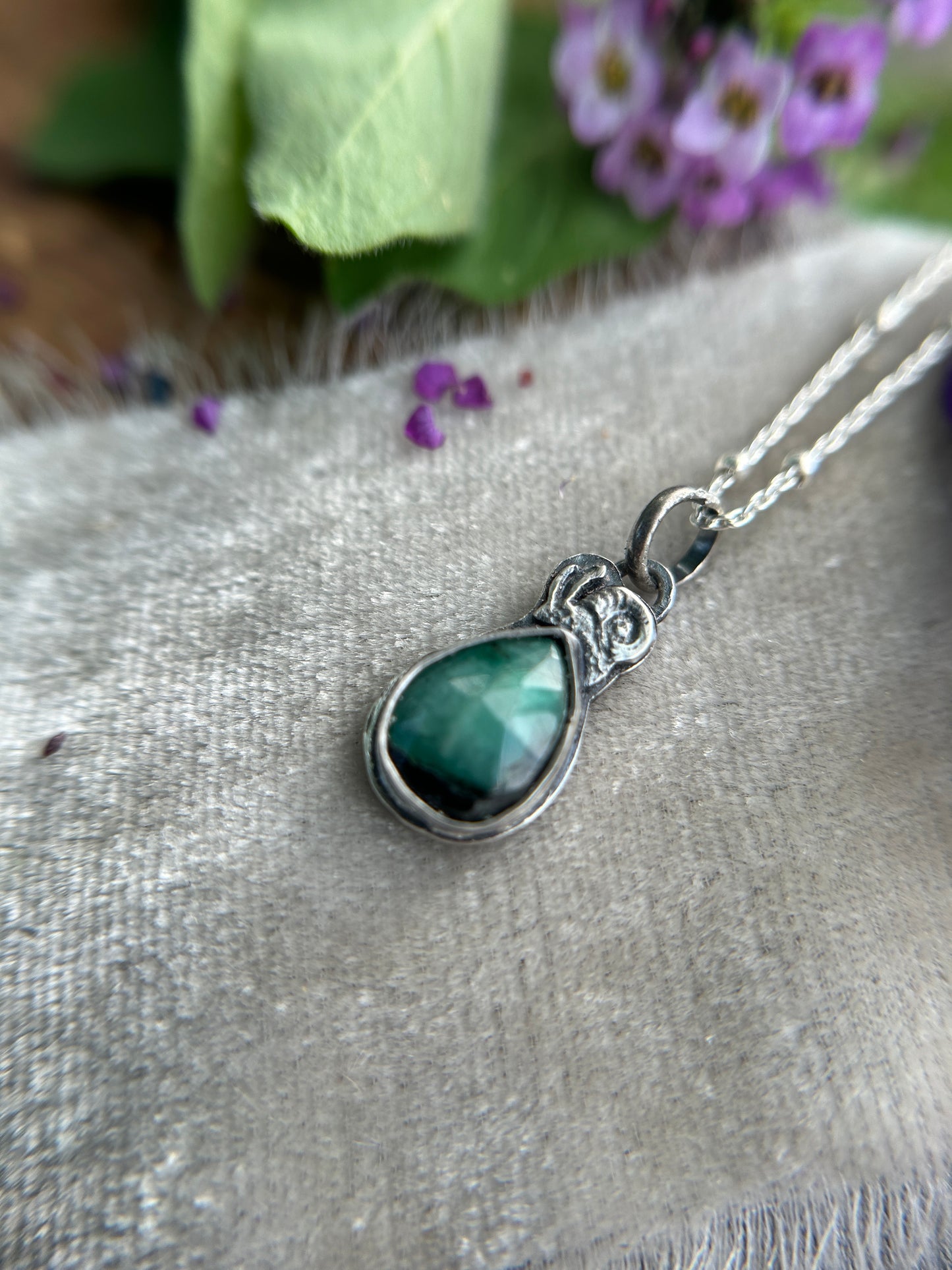 Emerald with snail necklace- sterling silver jewelry