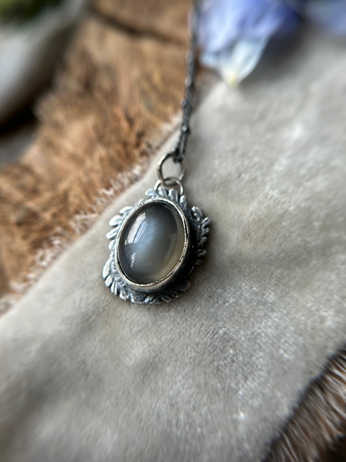 Grey Moonstone Forest Scrying Mirror Necklace- sterling silver
