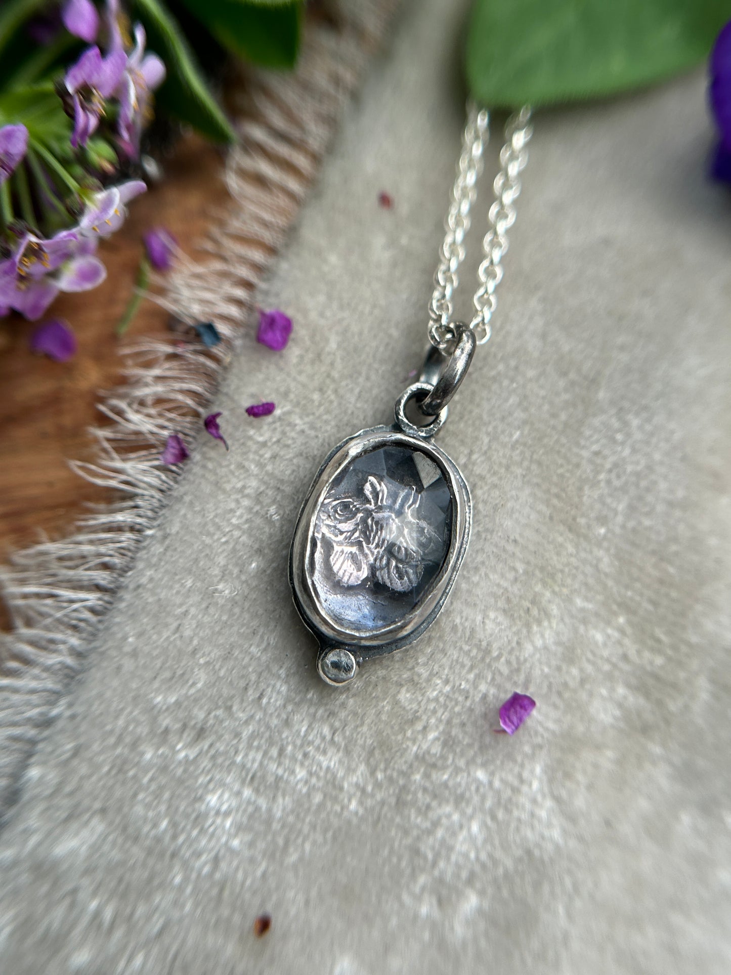 Mini amethyst with fox or moth woodland animal necklace- sterling silver jewelry