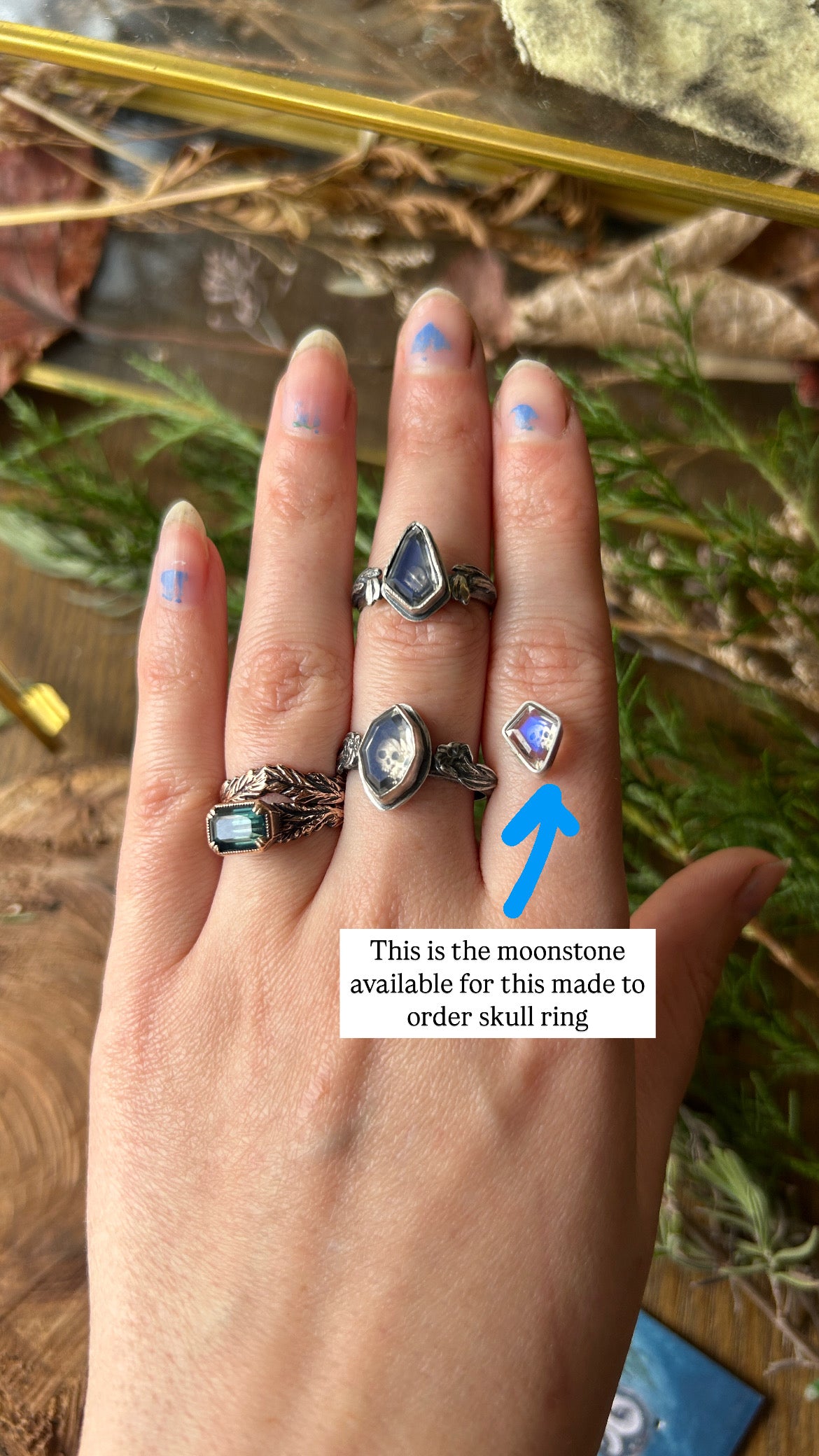 MADE TO ORDER- rainbow moonstone skull ring with choose your flower options- sterling silver