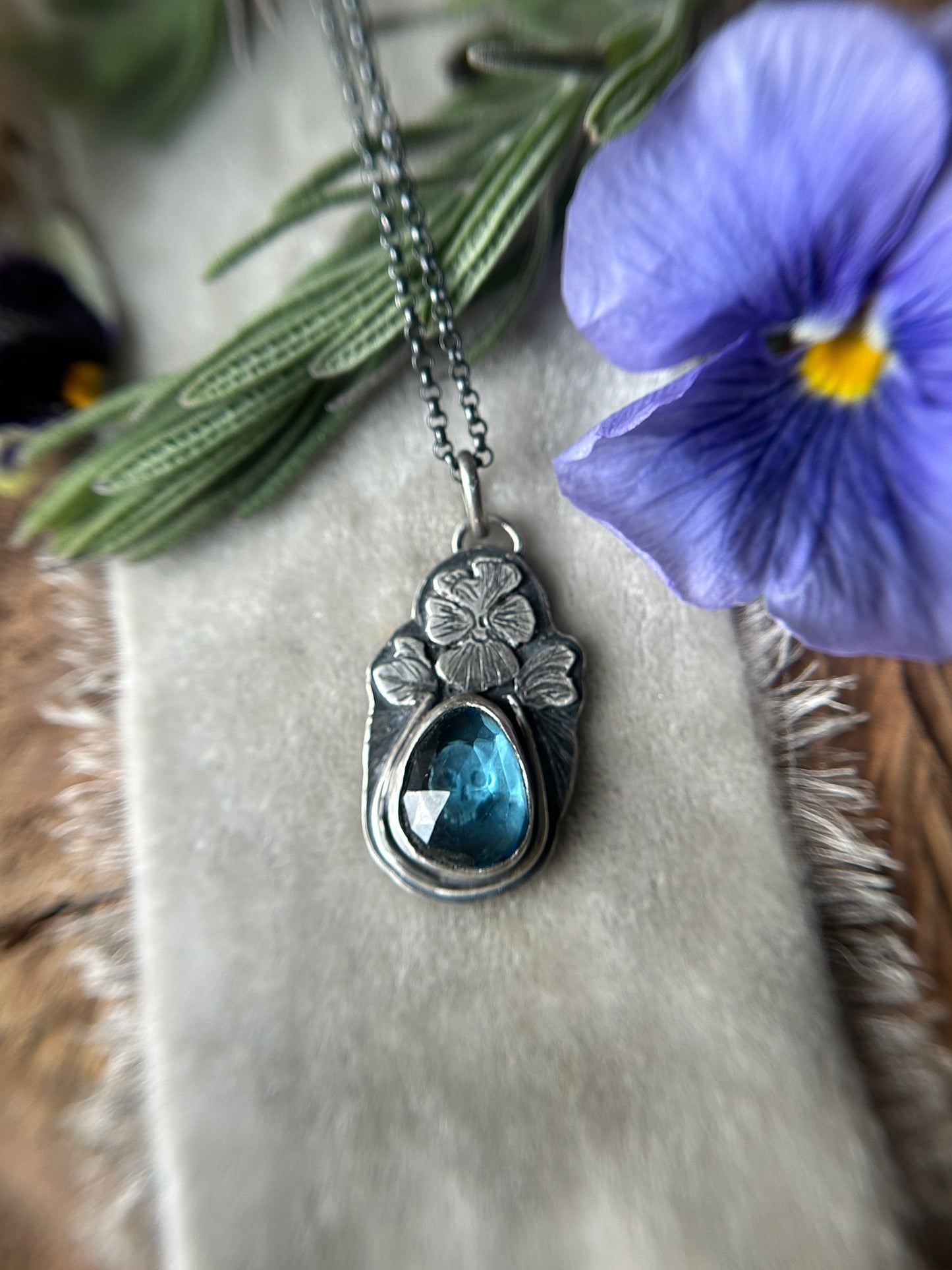 Pansy Skull with London Blue Topaz- memento mori sterling silver necklace