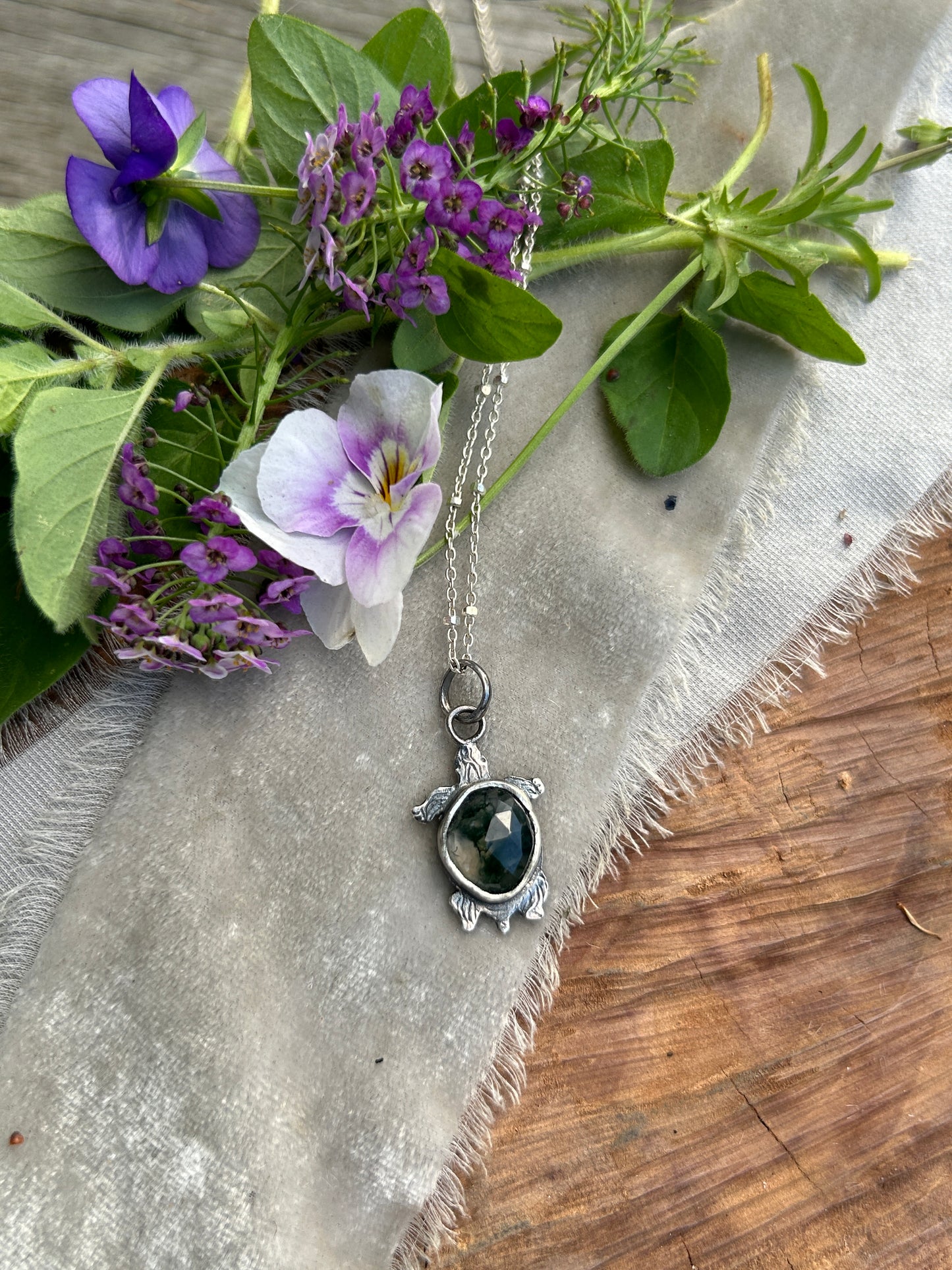 Swamp Turtle Necklace in moss agate- sterling silver