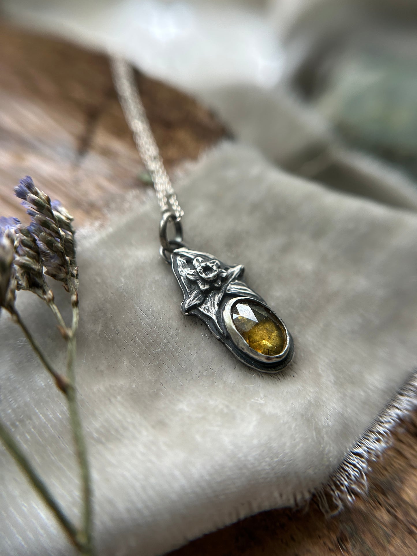 Sphene and Daffodil Necklace- sterling silver floral jewelry