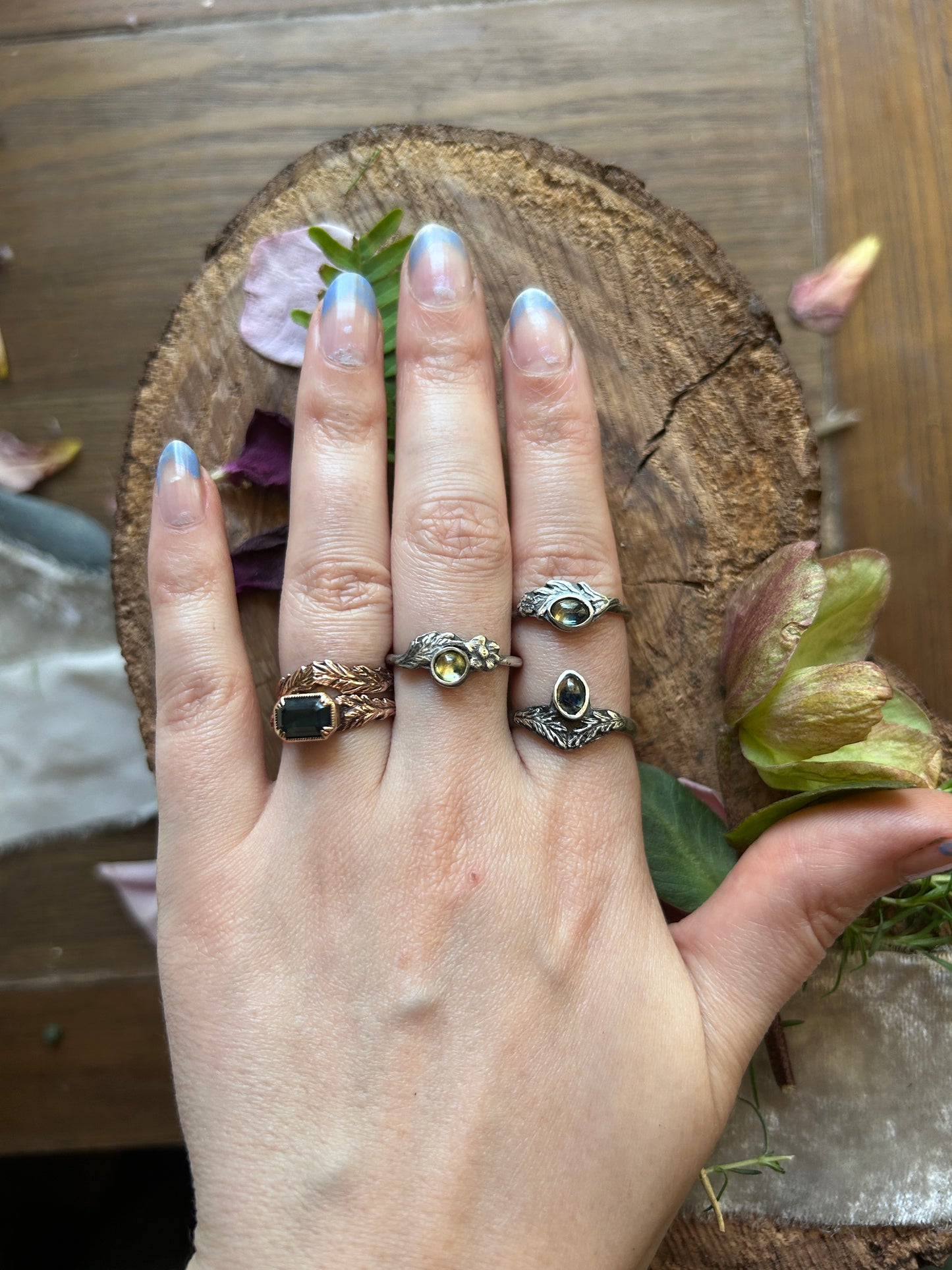 Meadowsweet sprig with songea sapphire ring- Sterling silver jewelry