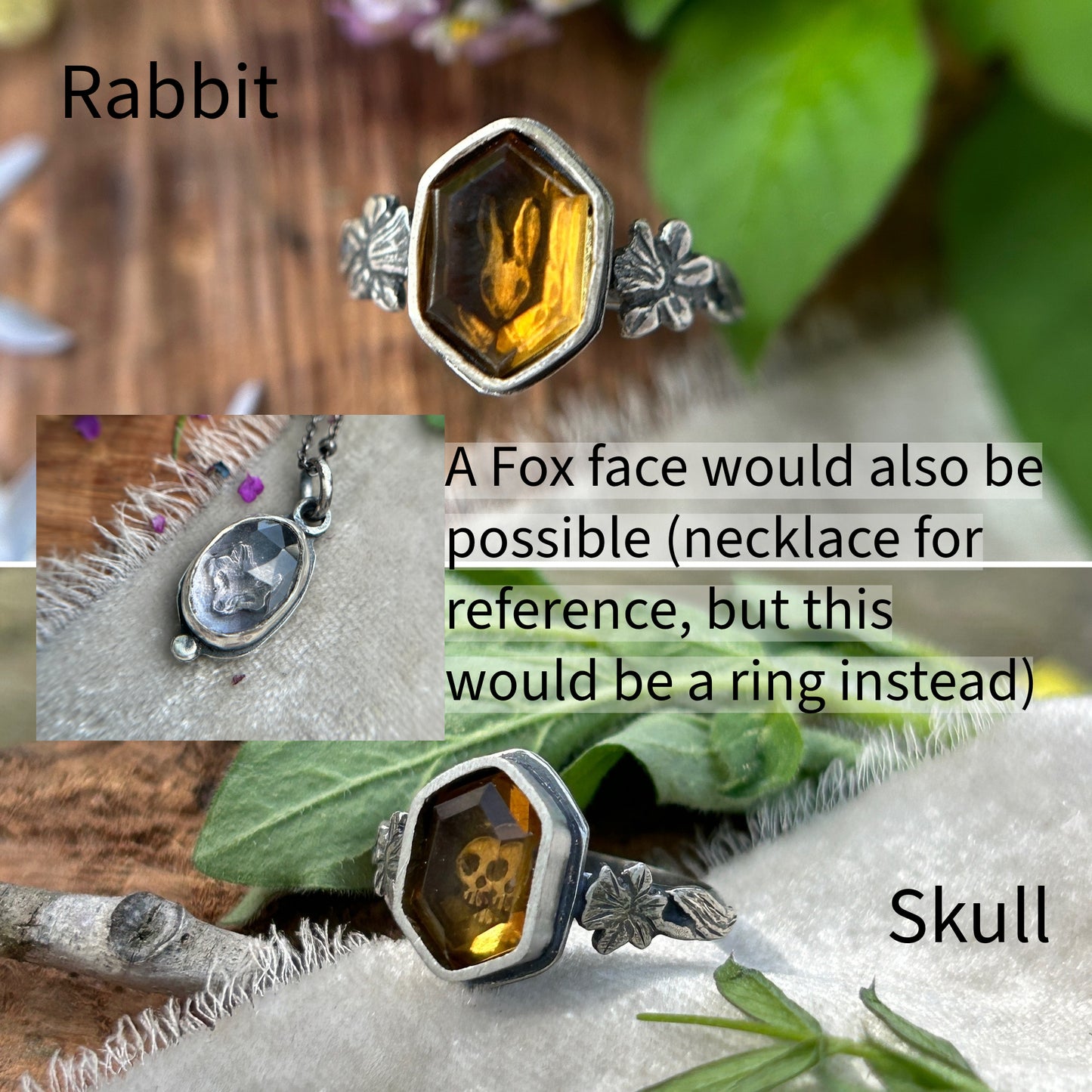 Build your own citrine hexagon ring- choice of skull, rabbit, or fox and choice of side plant accent