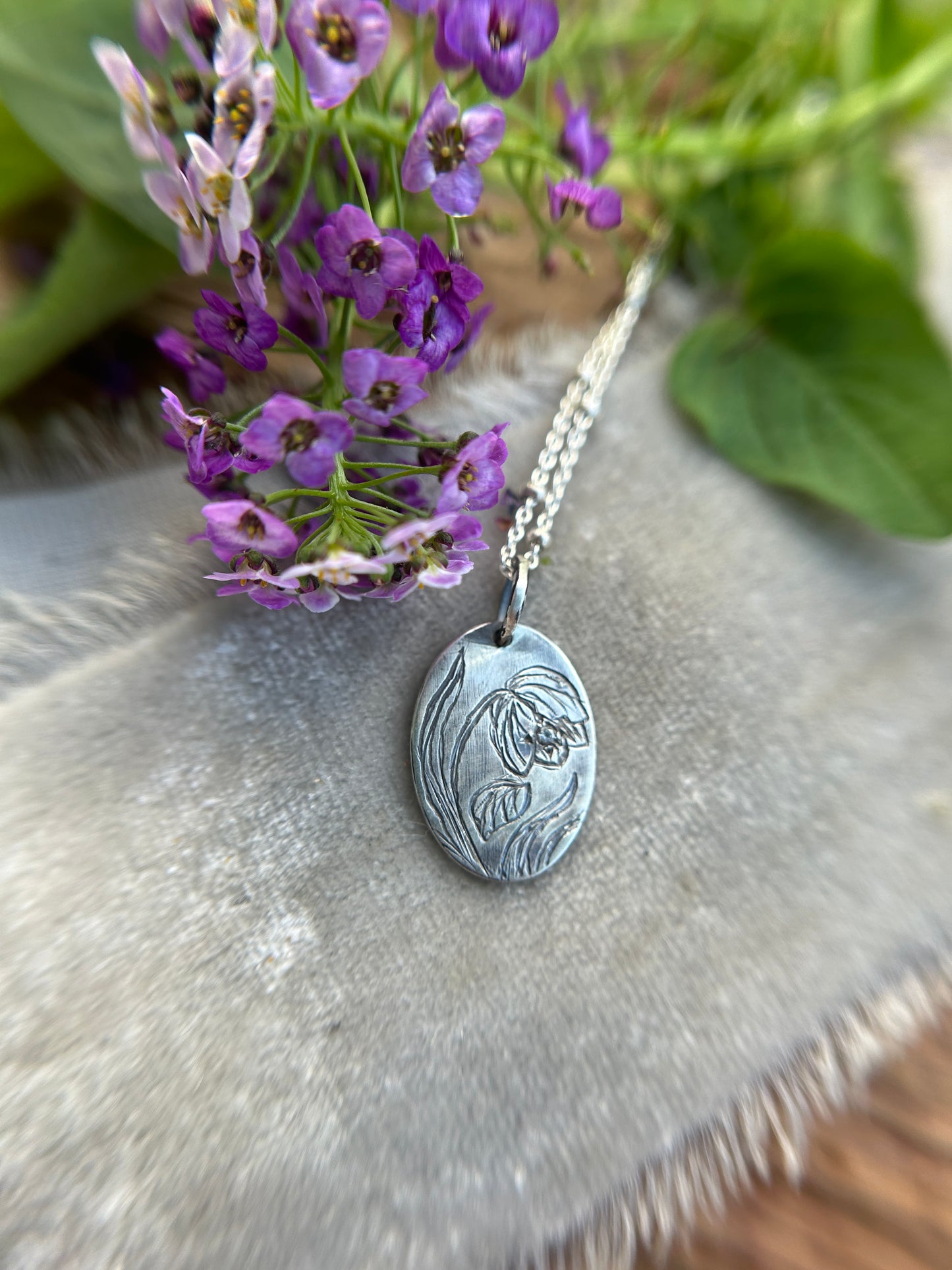 Engraved plant pendant with white sapphire necklace- sterling silver jewelry