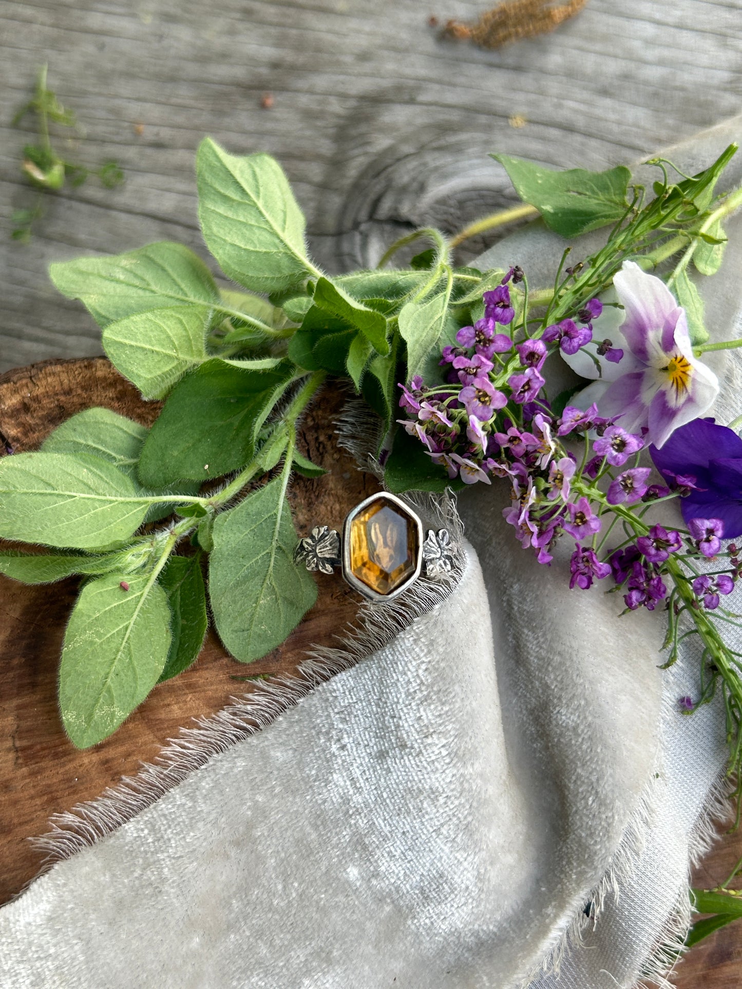 Rabbit and Daffodil citrine hexagon ring- sterling silver jewelry