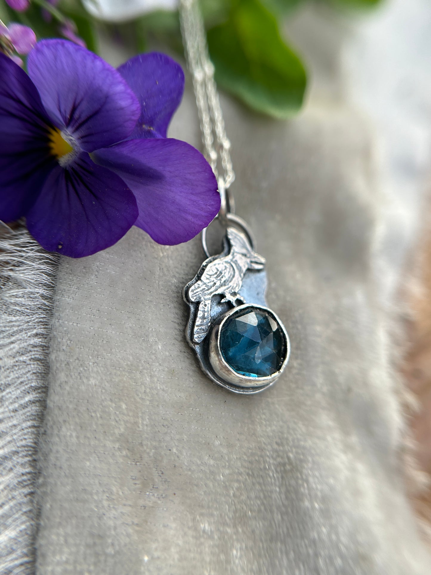 Blue Jay with London blue topaz necklace- sterling silver jewelry