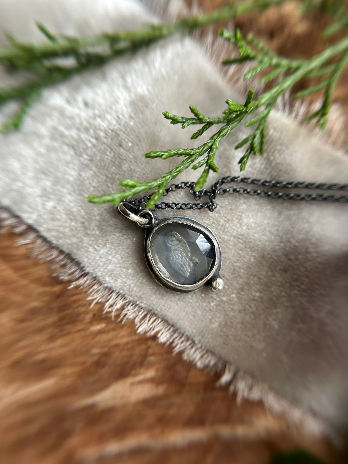 Woodland Barn Owl necklace in grey moonstone