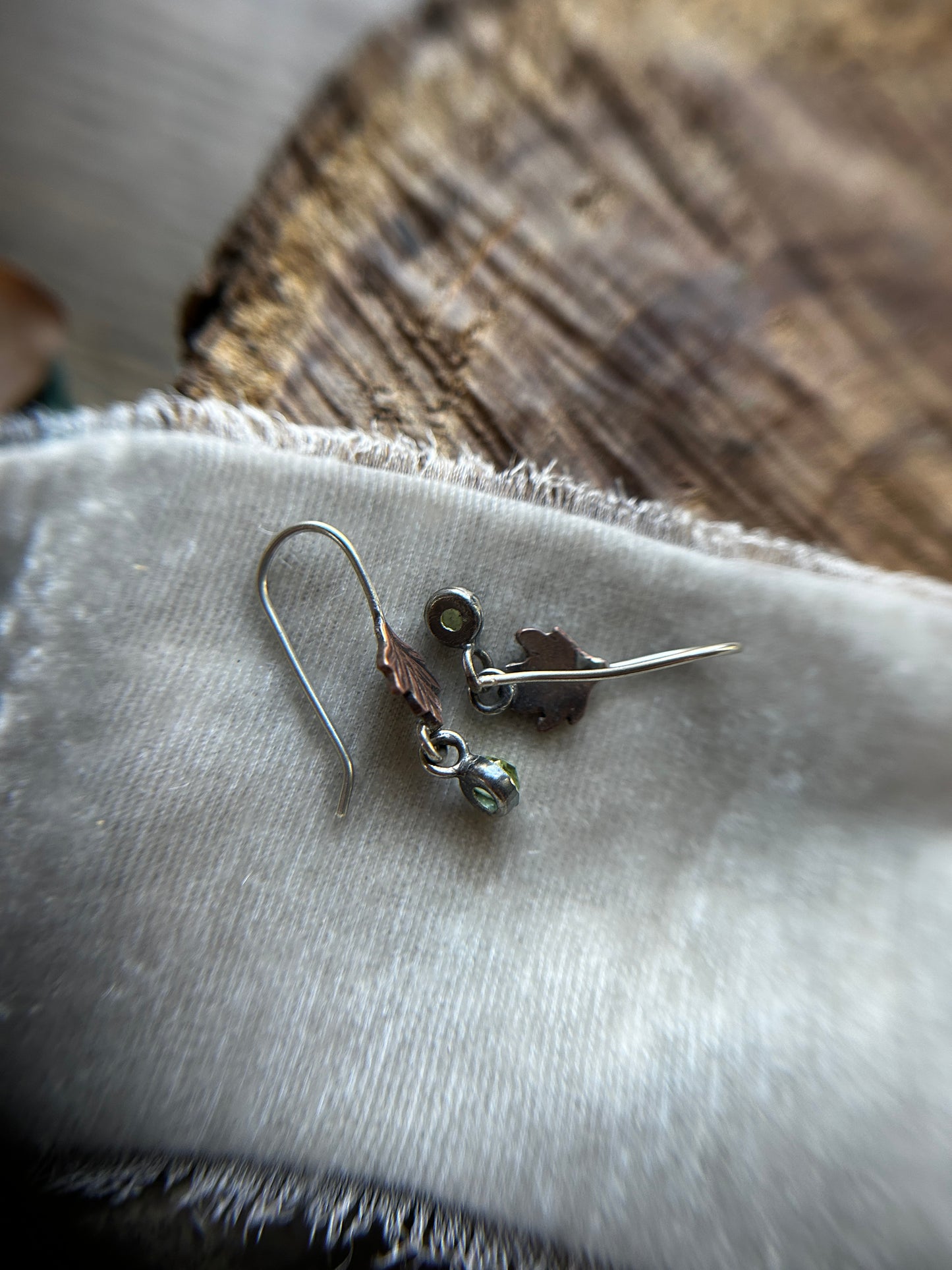 Woodland Leaf Earrings- sterling silver, brass, copper options with gem charm- jewelry