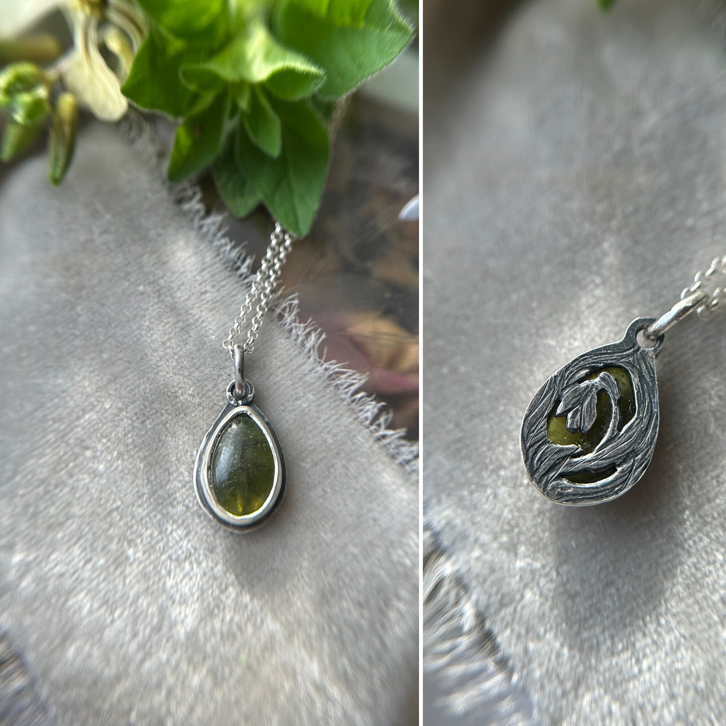 Vesuvianite with snowdrop back necklace- Sterling silver jewelry