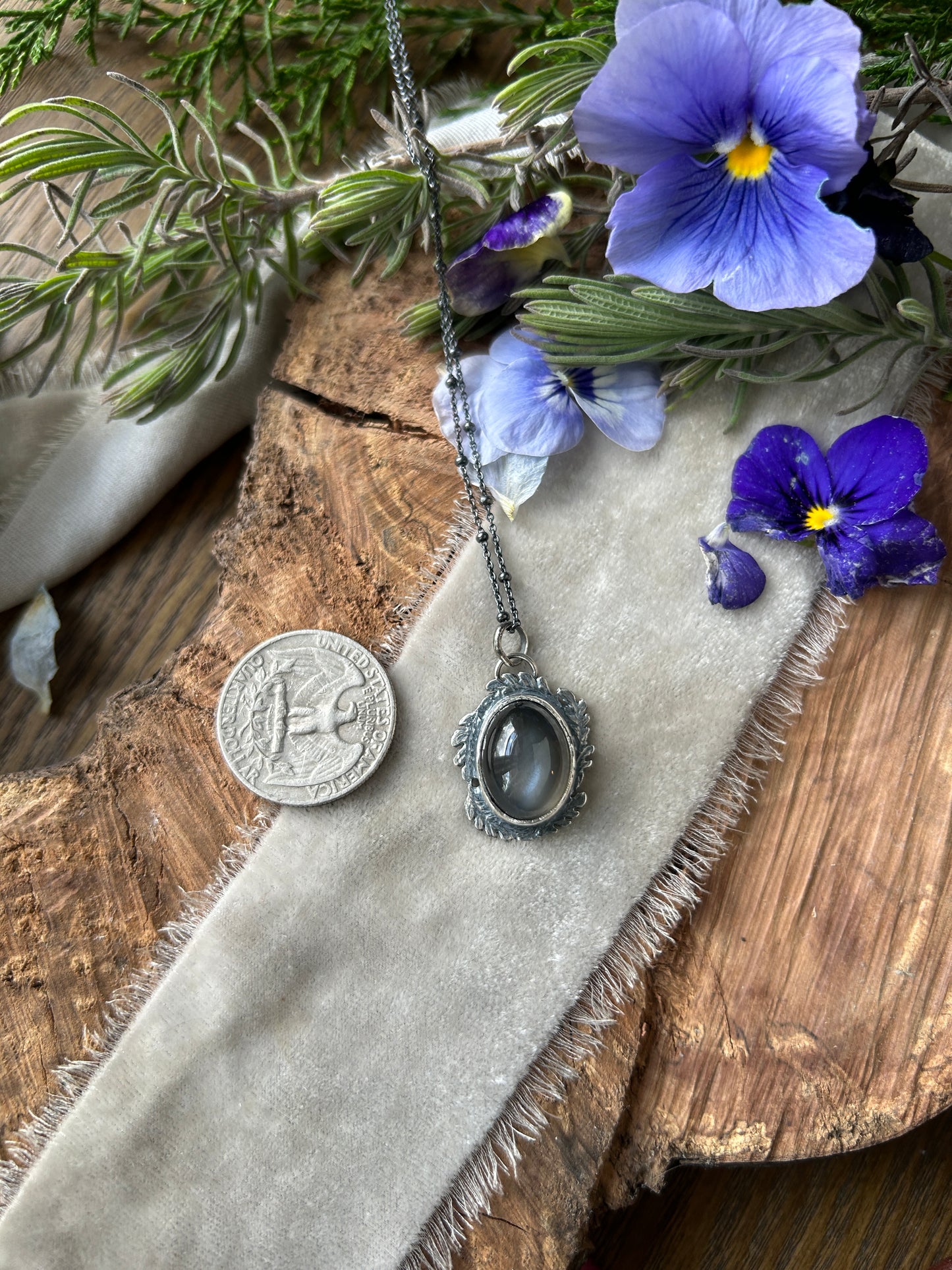Grey Moonstone Forest Scrying Mirror Necklace- sterling silver
