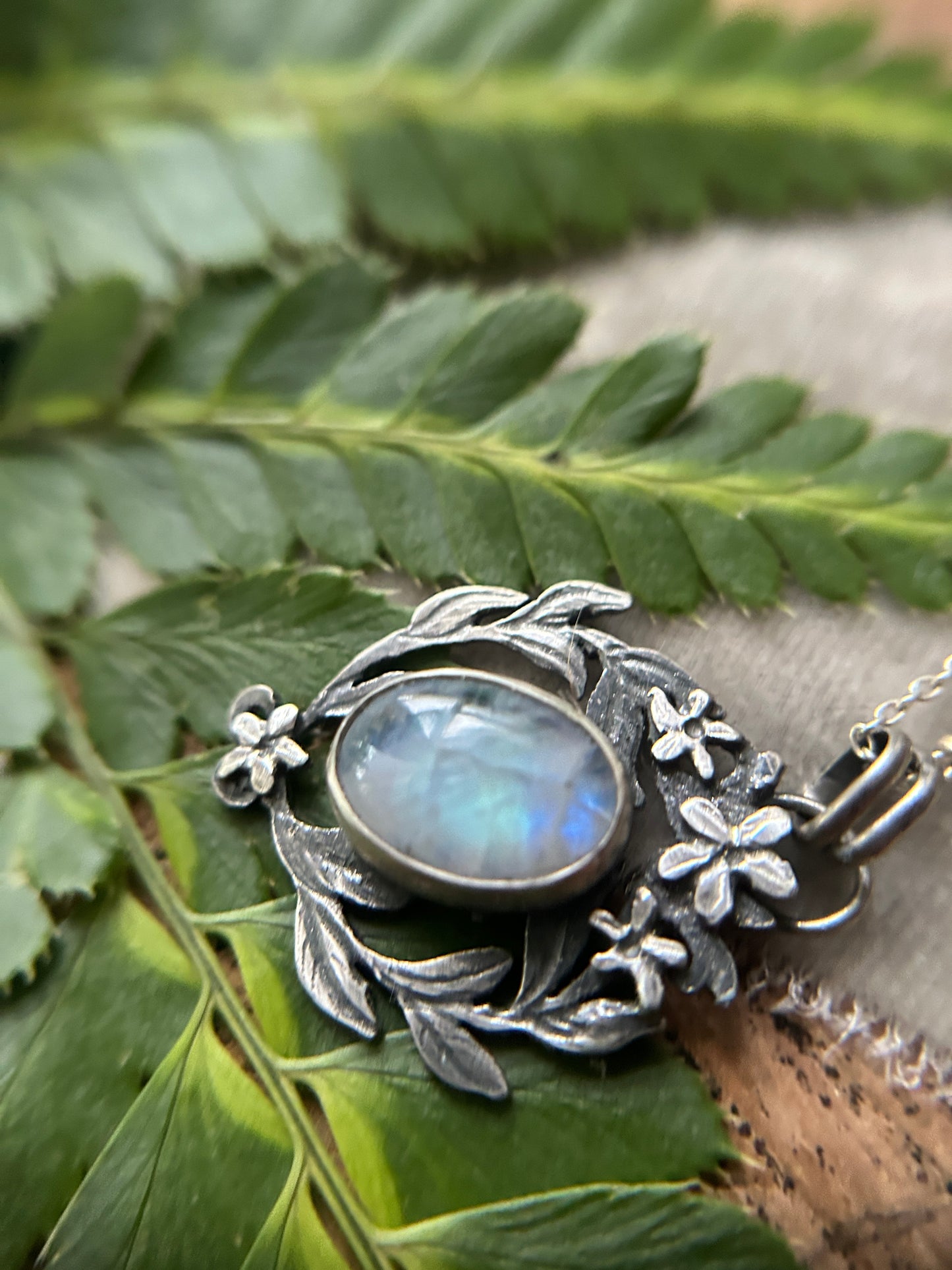 Rainbow moonstone with star jasmine and Luna moth necklace- sterling silver jewelry
