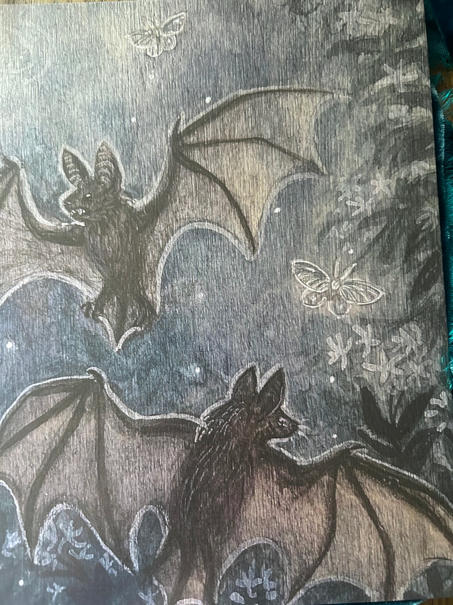 Art Print -bats & moths in moonlit star jasmine 8-8 inches- silver handpainted option available
