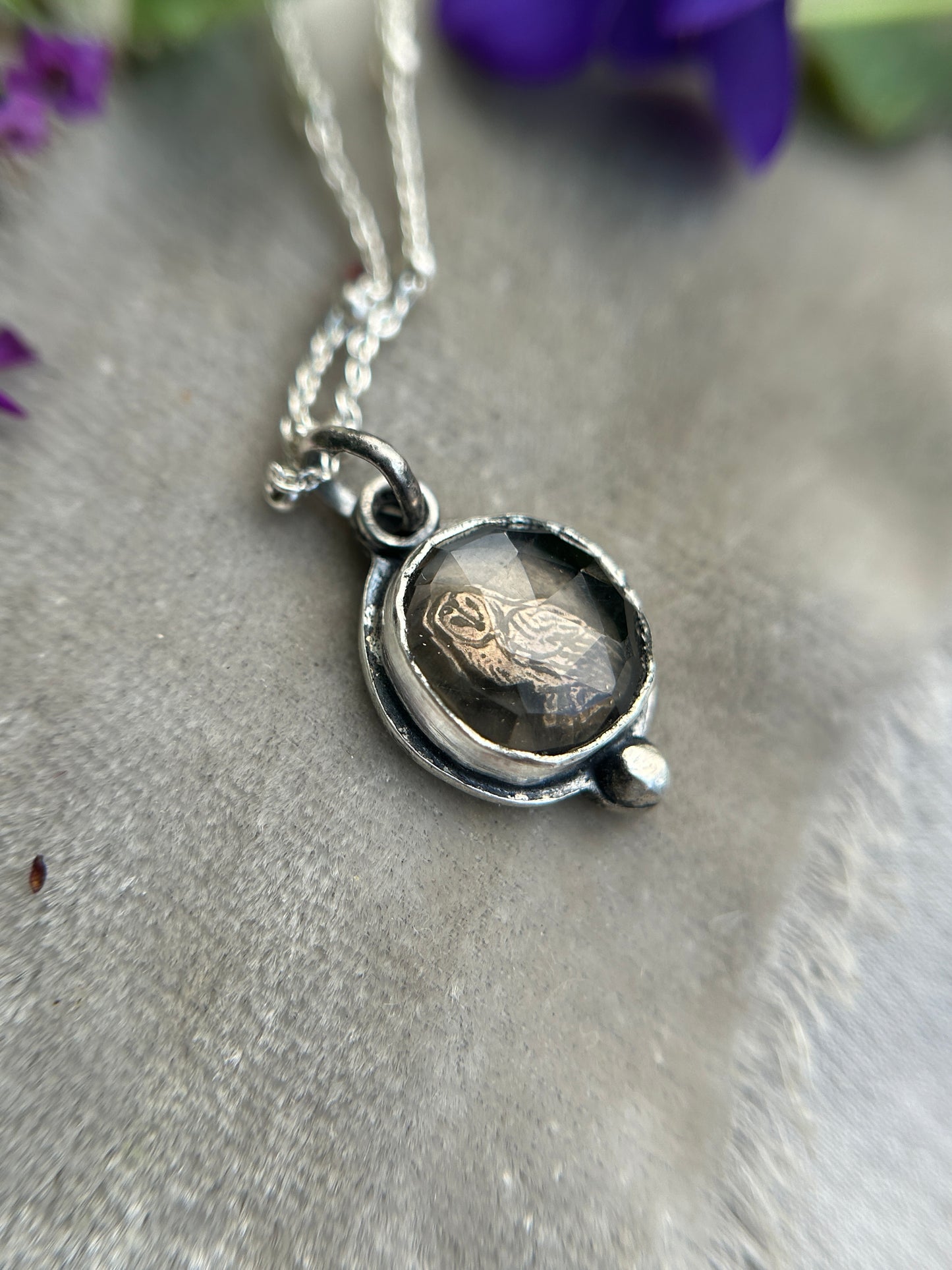 Smoky quartz barn owl necklace- Sterling silver jewelry