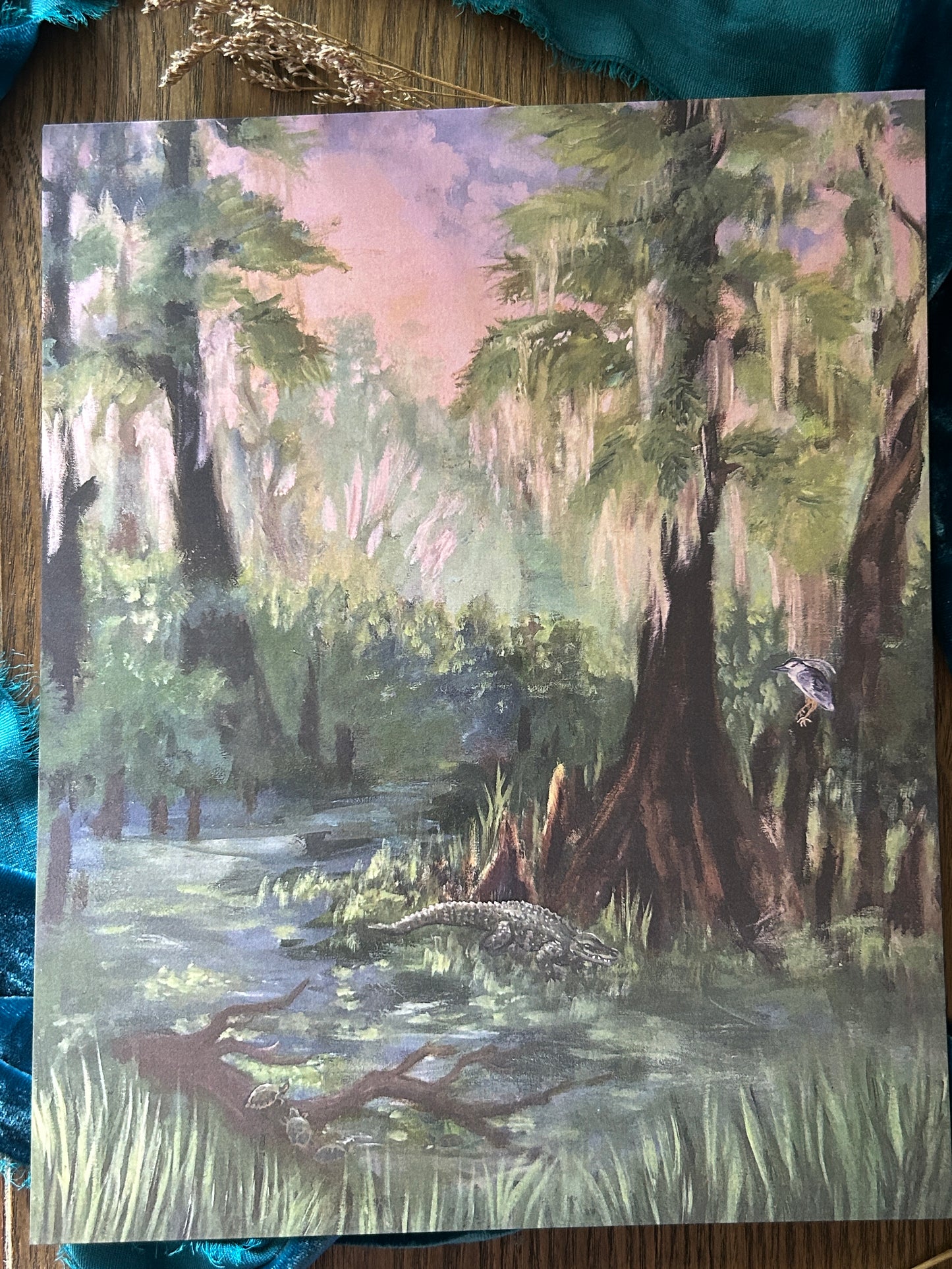 Art print- Twilight in the swamp with alligator, night heron, turtle Lowcountry painting- 8x10