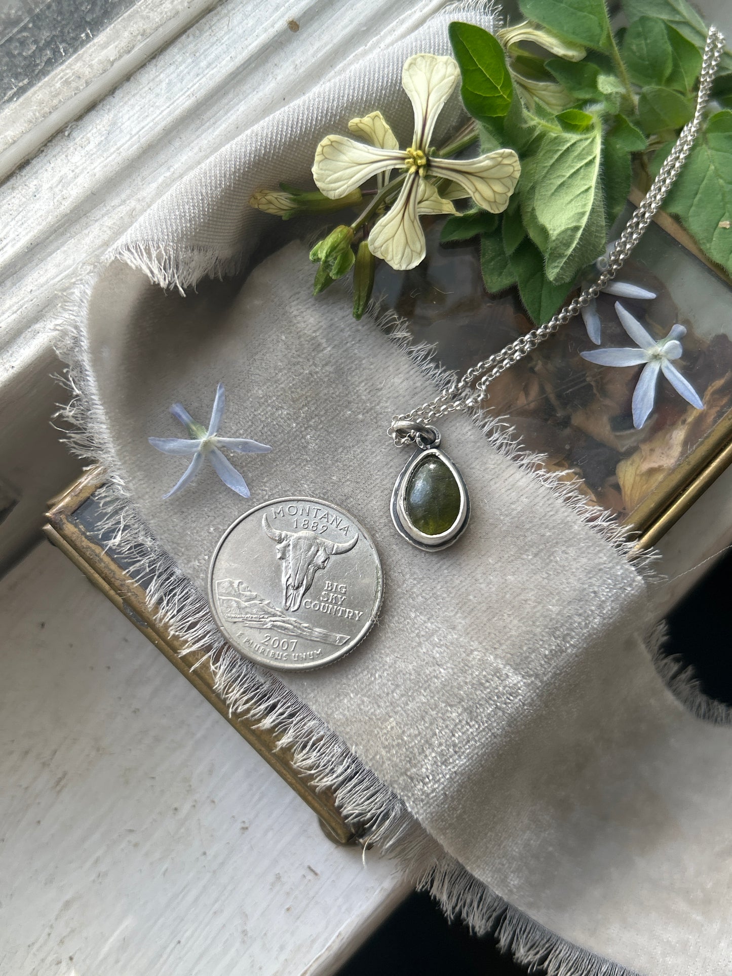 Vesuvianite with snowdrop back necklace- Sterling silver jewelry