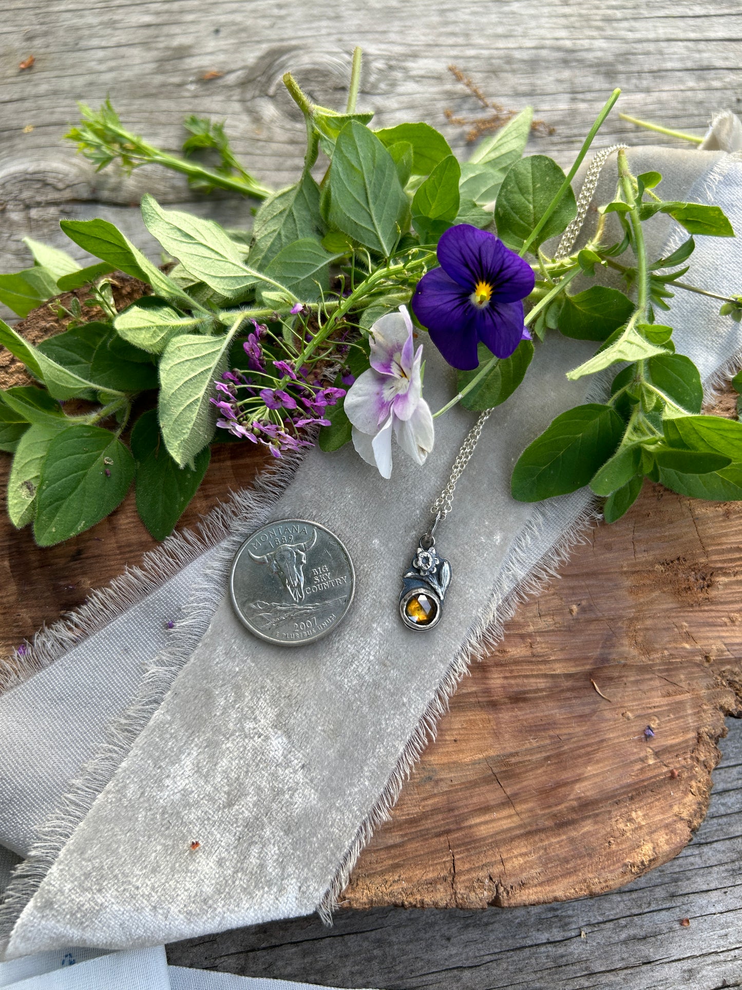 Mini Daffodil with golden sphene Necklace- sterling silver floral jewelry
