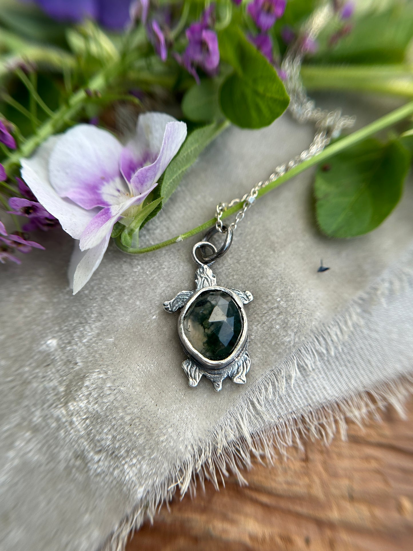 Swamp Turtle Necklace in moss agate- sterling silver