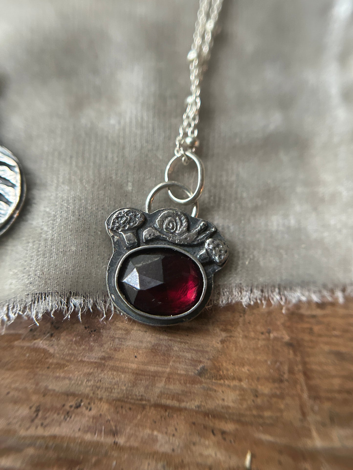 Woodland Snail with garnet or Vesuvianite- your choice of ring or pendant- sterling silver jewelry