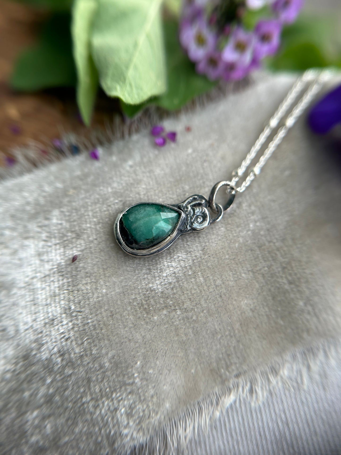 Emerald with snail necklace- sterling silver jewelry