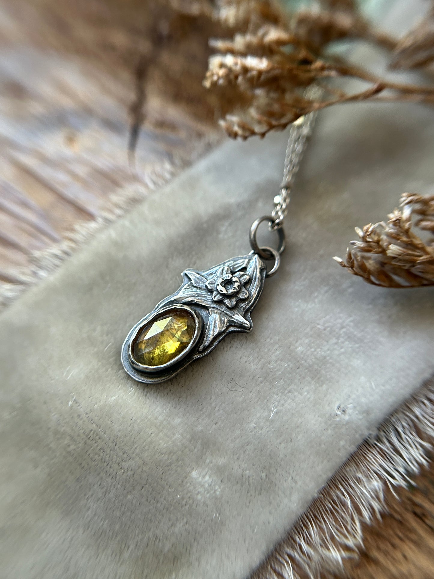 Sphene and Daffodil Necklace- sterling silver floral jewelry