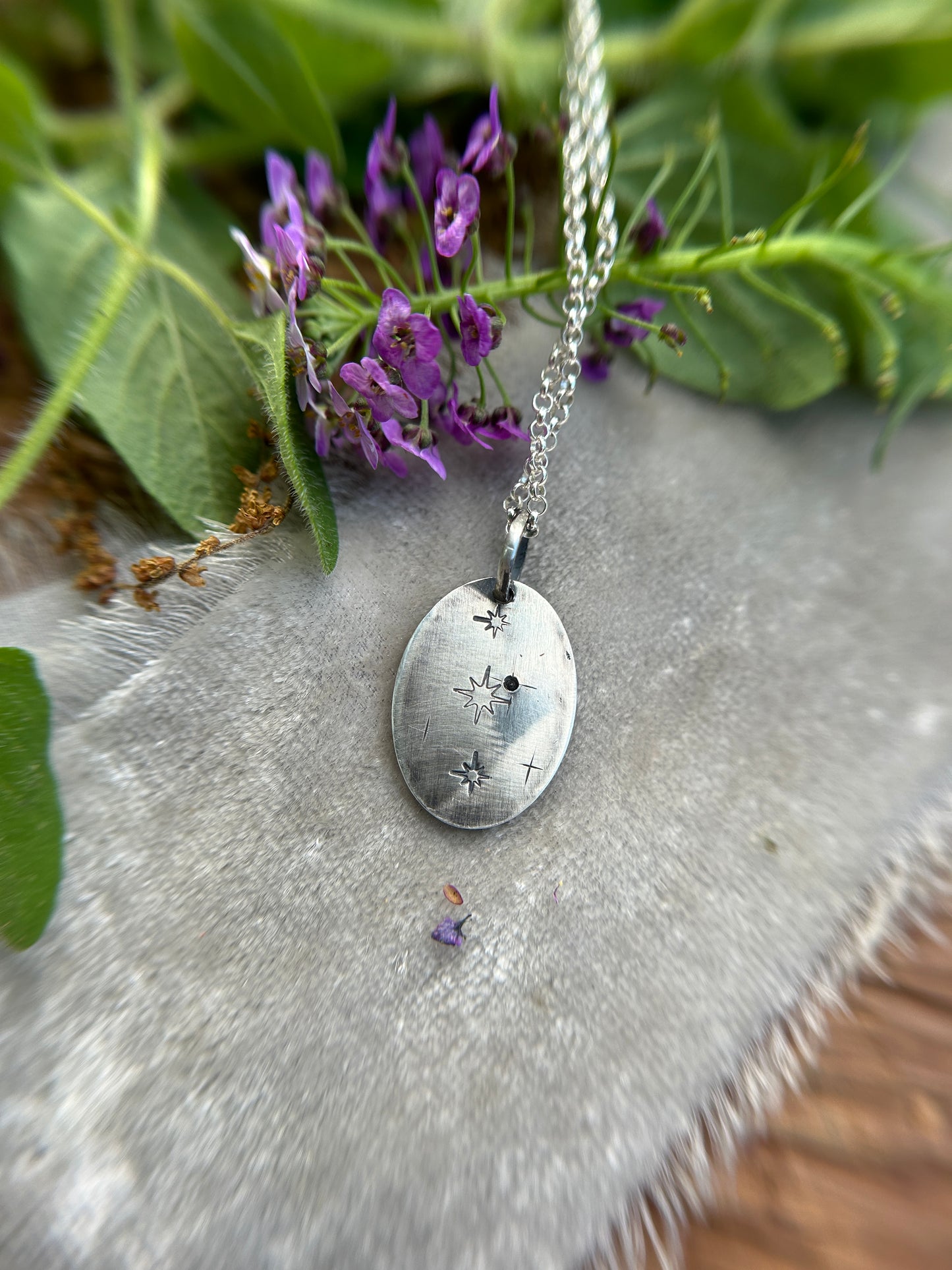 Engraved plant pendant with white sapphire necklace- sterling silver jewelry