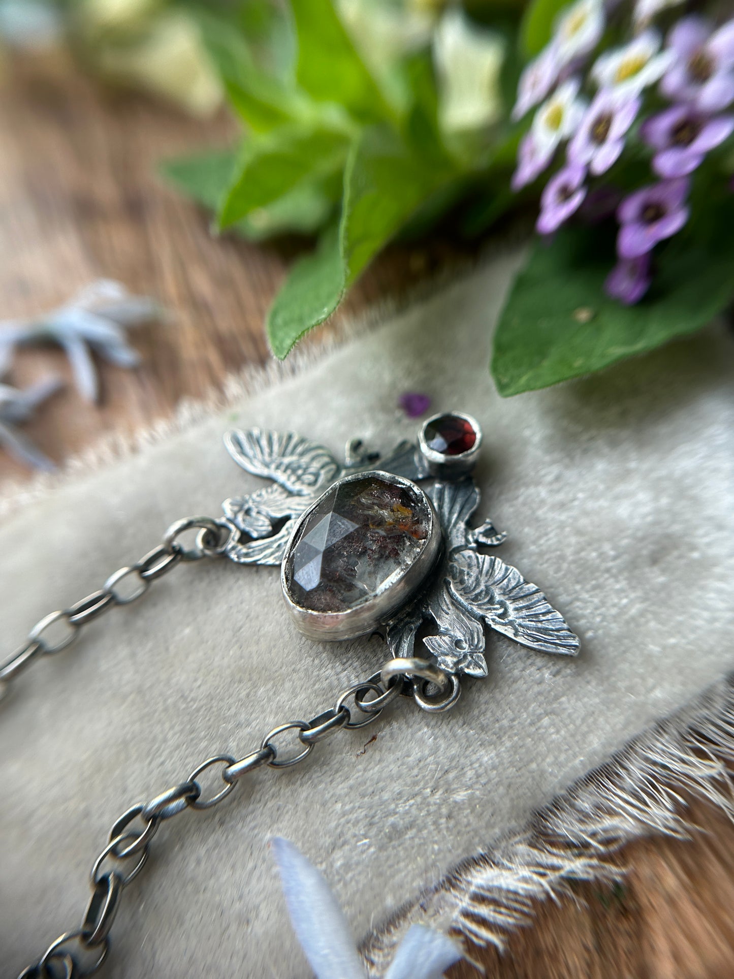 Cardinals with garden quartz and garnet necklace- sterling silver jewelry