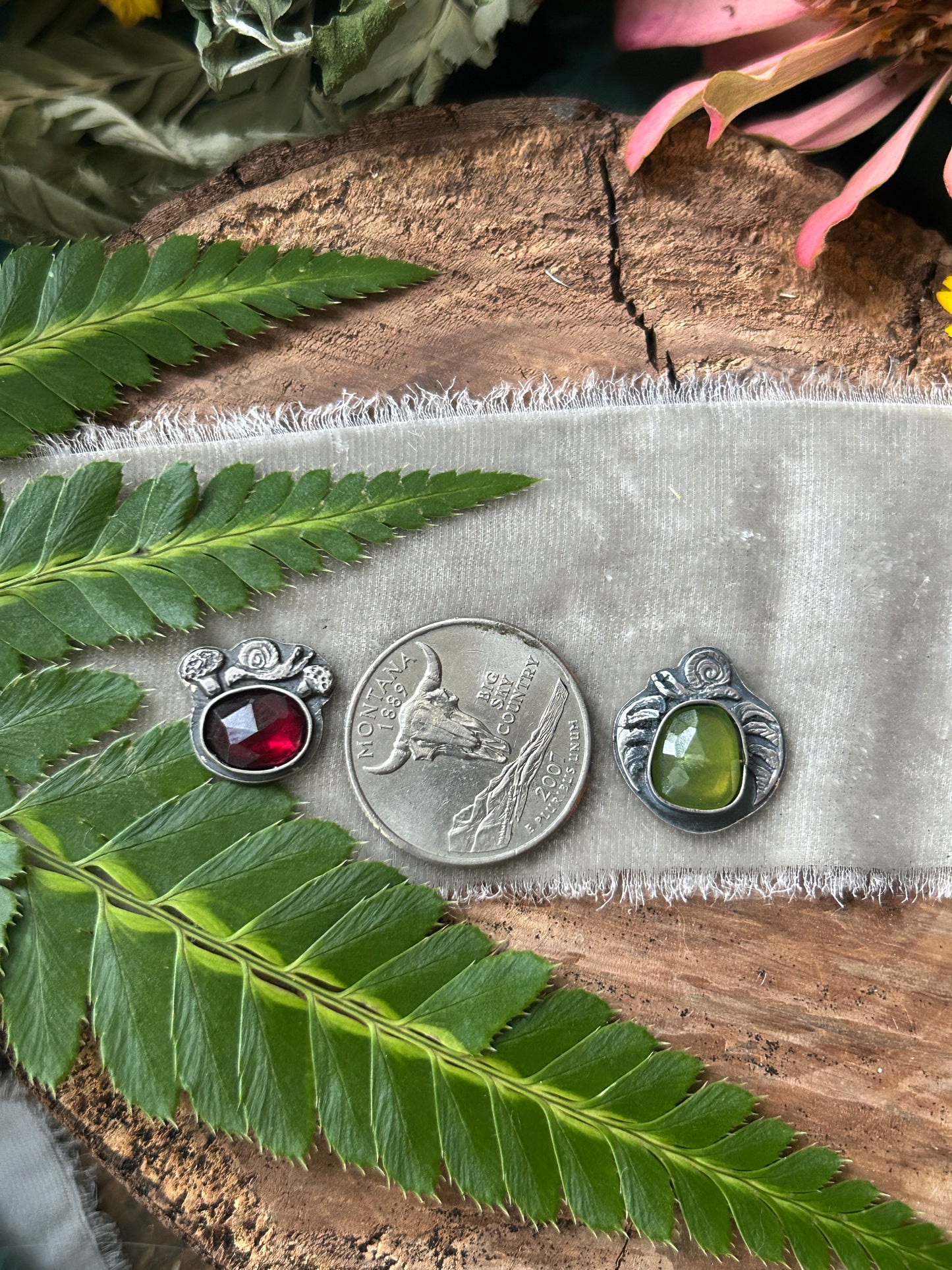 Woodland Snail with garnet or Vesuvianite- your choice of ring or pendant- sterling silver jewelry