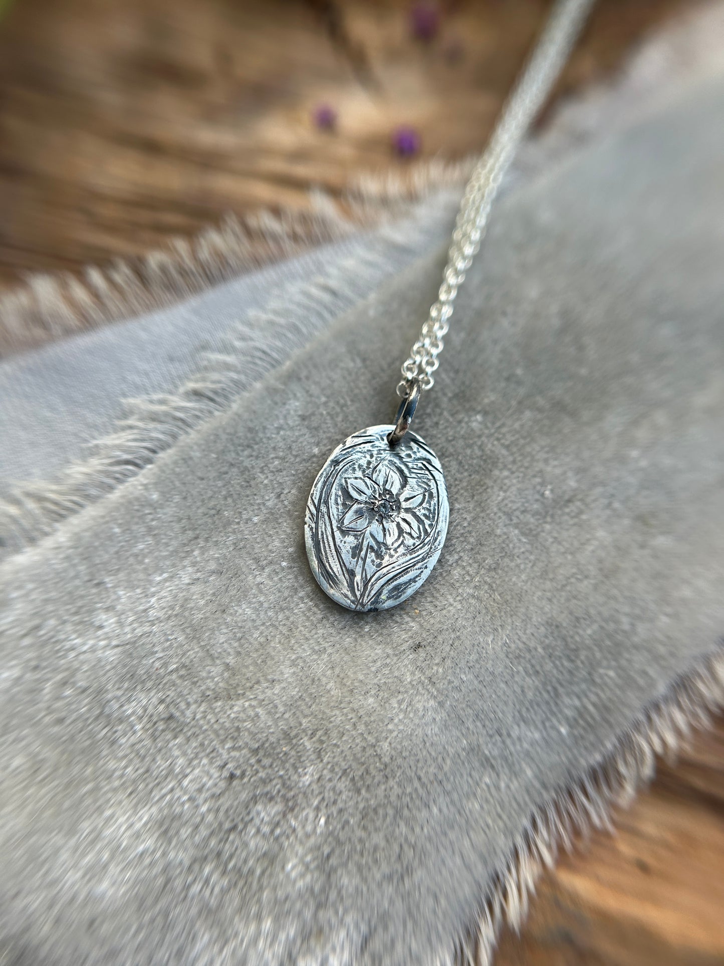 Engraved plant pendant with white sapphire necklace- sterling silver jewelry