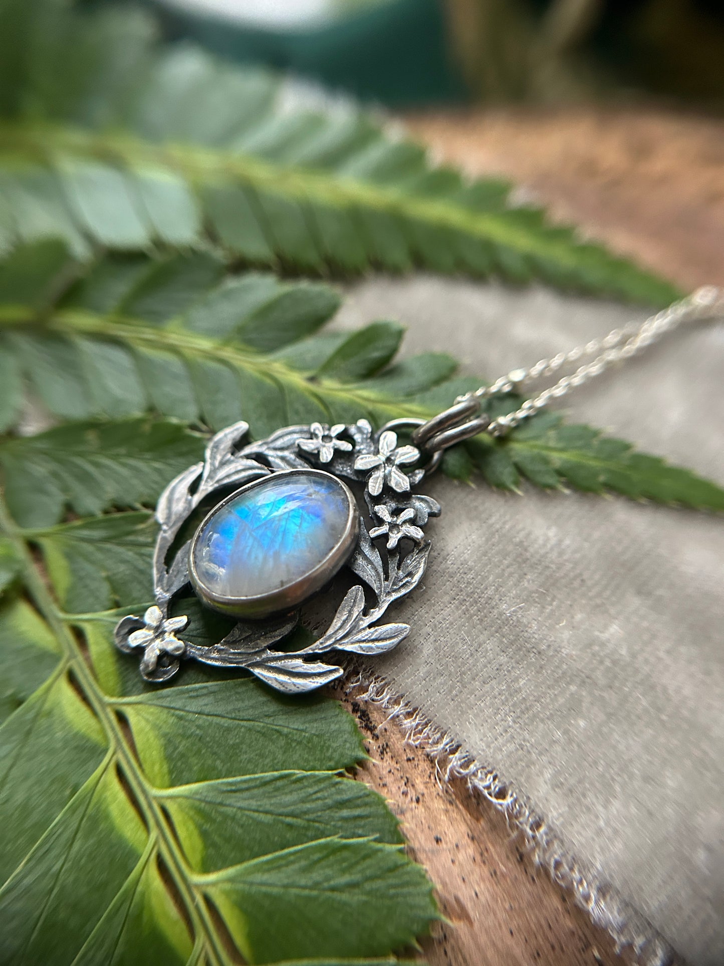 Rainbow moonstone with star jasmine and Luna moth necklace- sterling silver jewelry