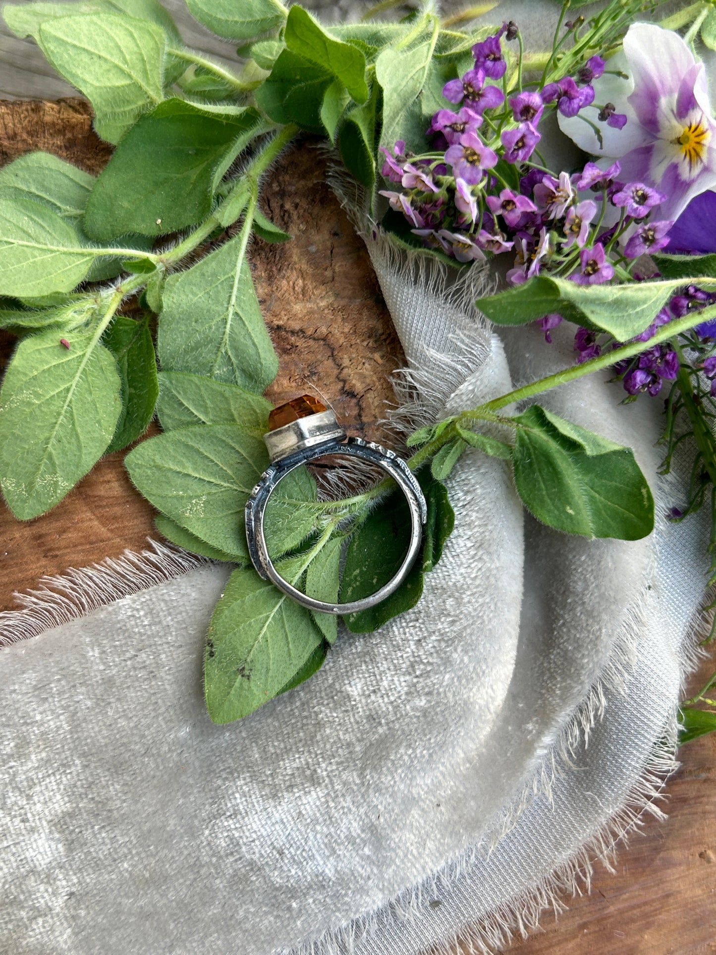 Rabbit and Daffodil citrine hexagon ring- sterling silver jewelry
