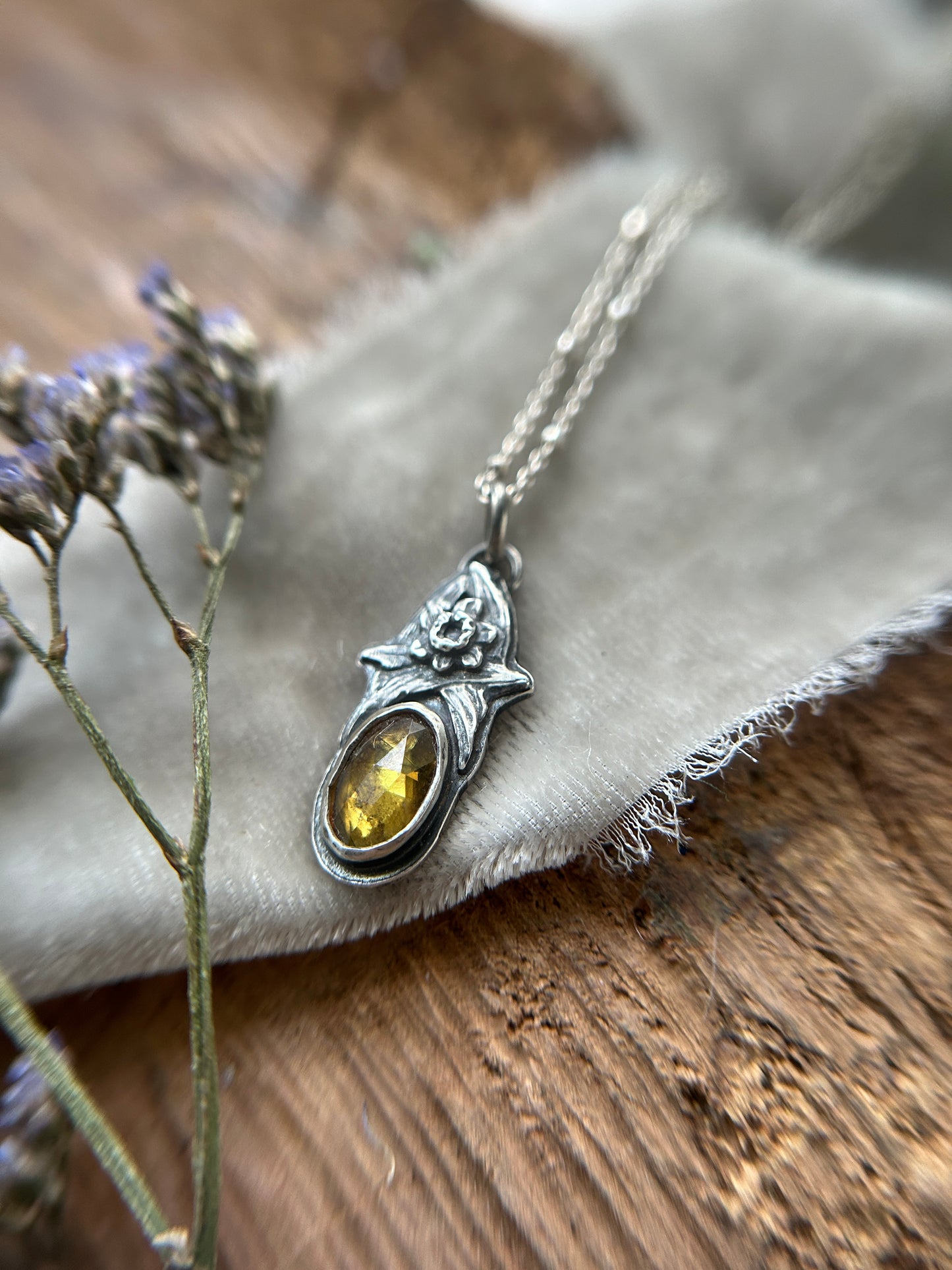 Sphene and Daffodil Necklace- sterling silver floral jewelry
