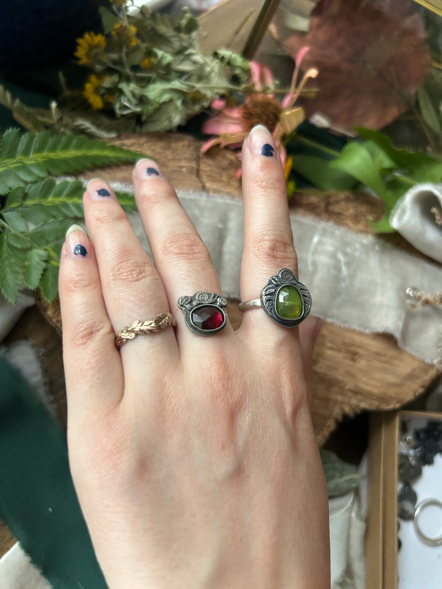 Woodland Snail with garnet or Vesuvianite- your choice of ring or pendant- sterling silver jewelry