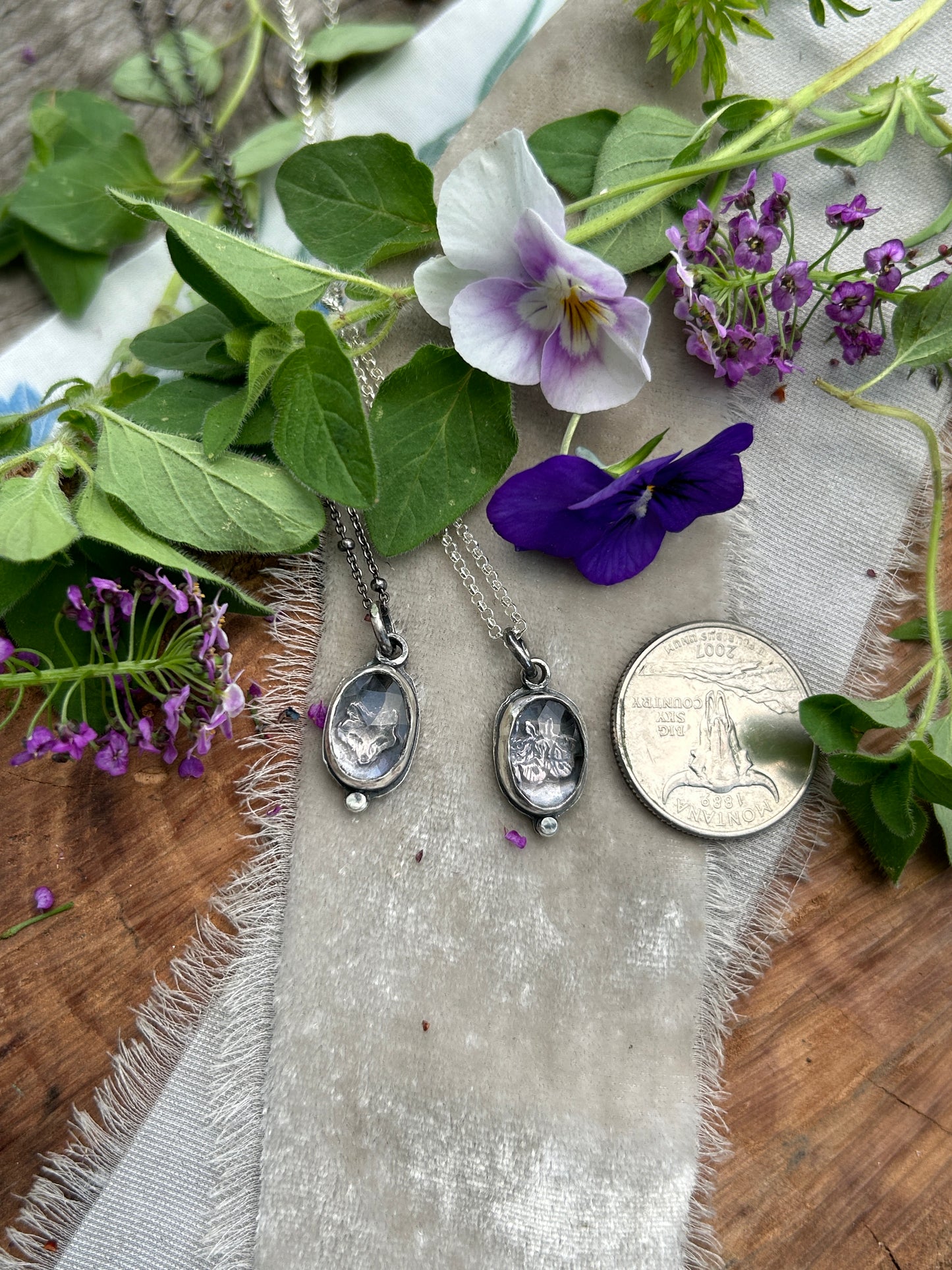 Mini amethyst with fox or moth woodland animal necklace- sterling silver jewelry