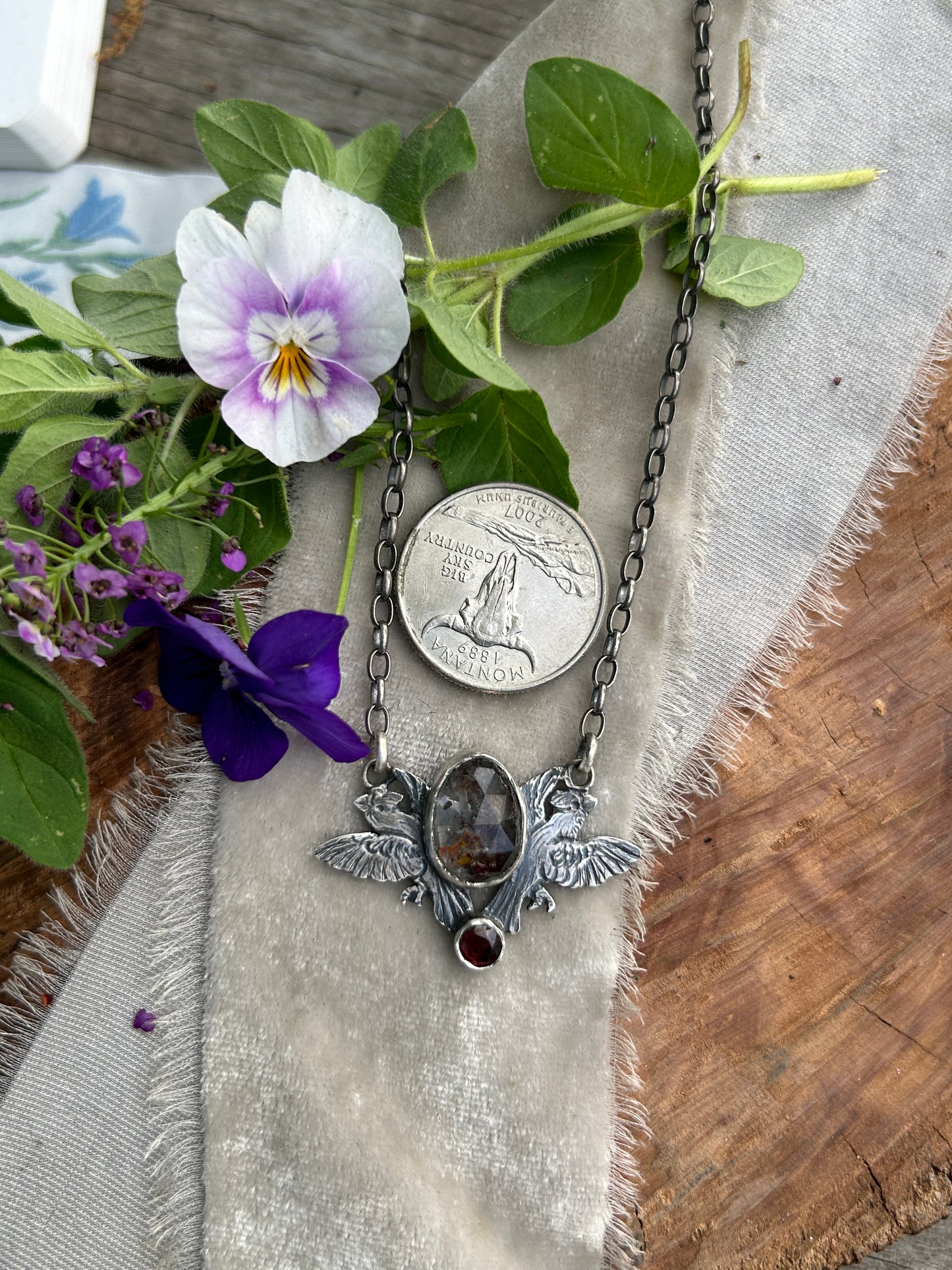 Cardinals with garden quartz and garnet necklace- sterling silver jewelry