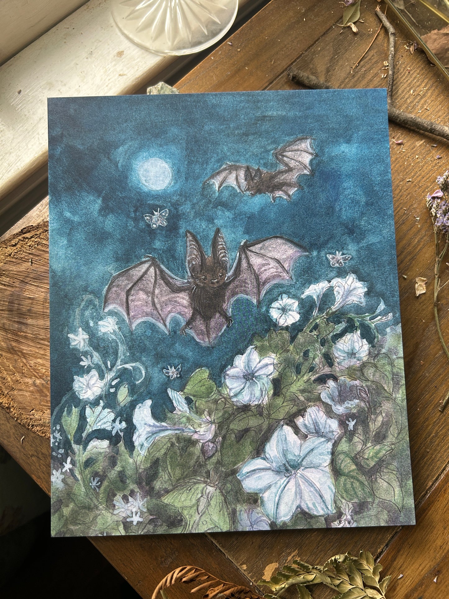 Art print-moonlit garden among bats & moths with moonflowers and star jasmine- 8x10 inches watercolor print