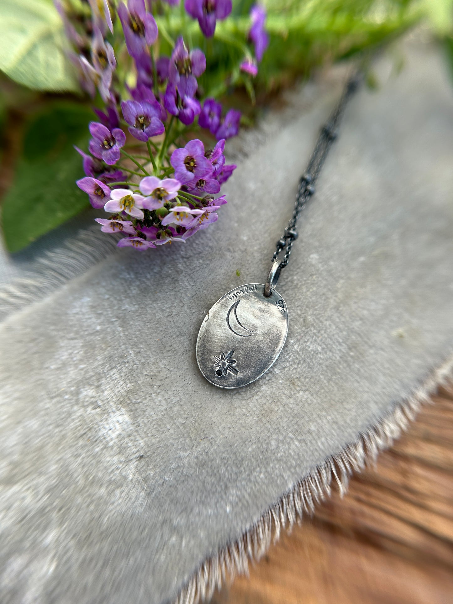 Engraved plant pendant with white sapphire necklace- sterling silver jewelry