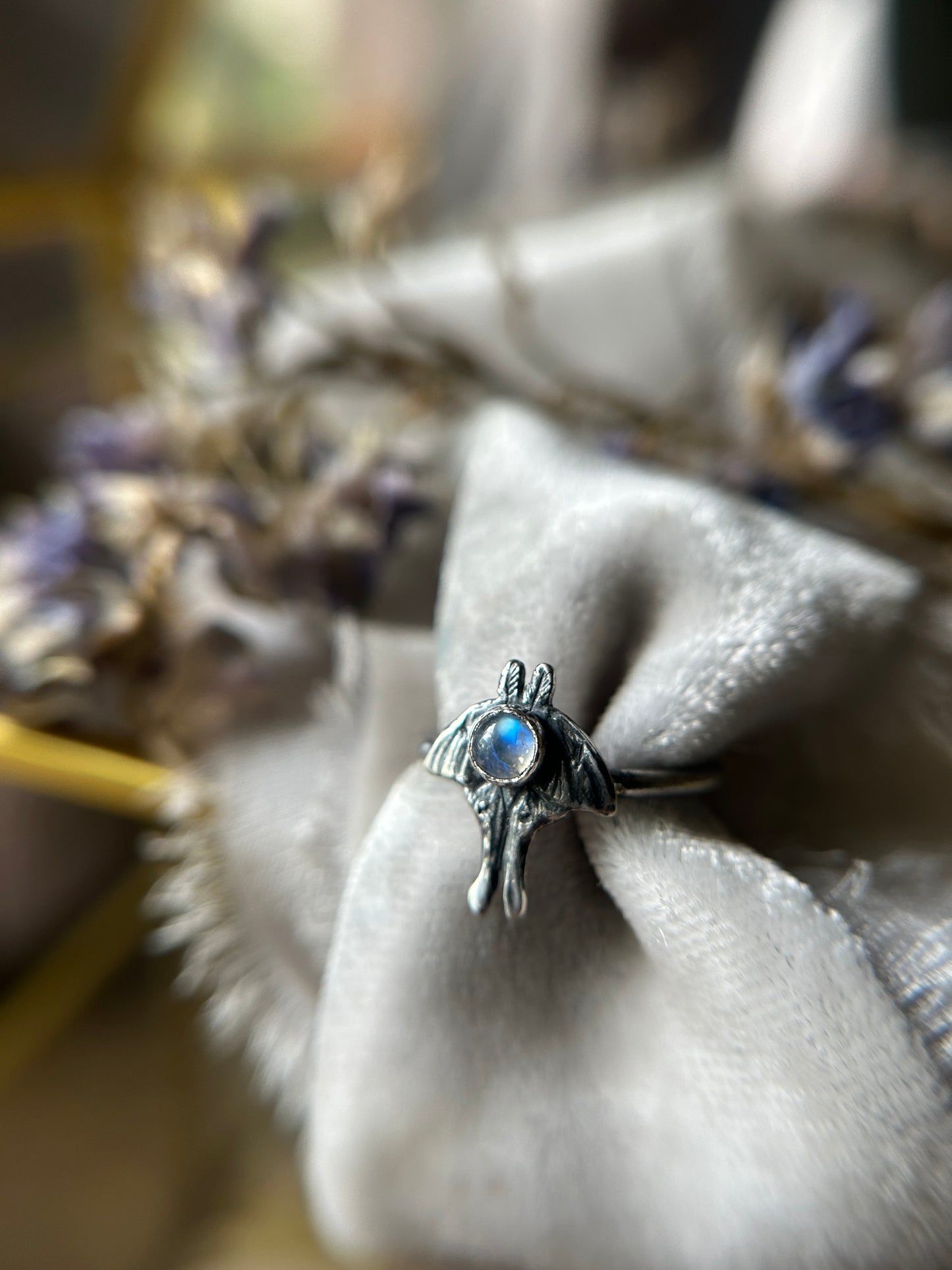 Luna moth ring with choice of gemstone sterling silver jewelry
