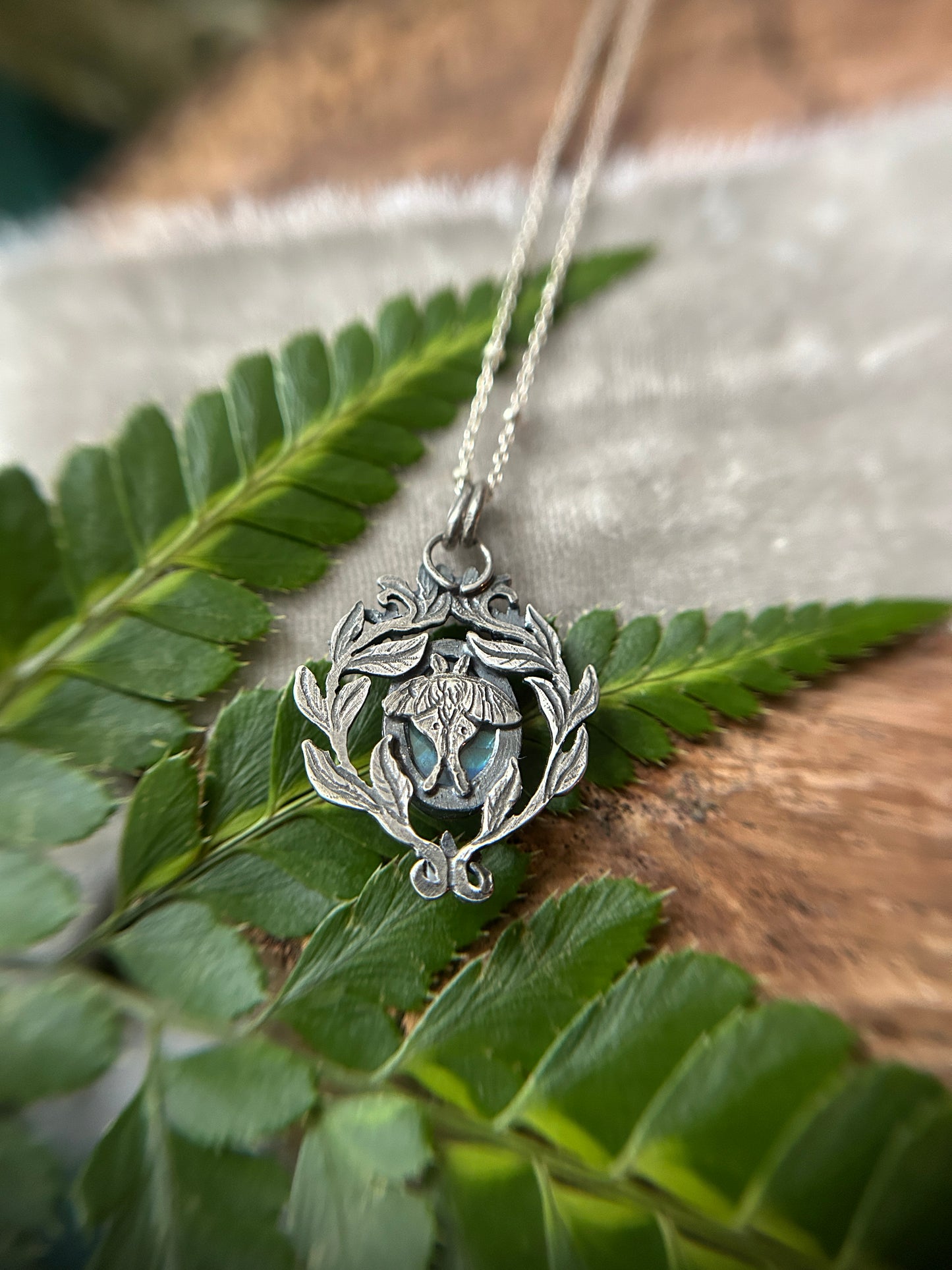 Rainbow moonstone with star jasmine and Luna moth necklace- sterling silver jewelry